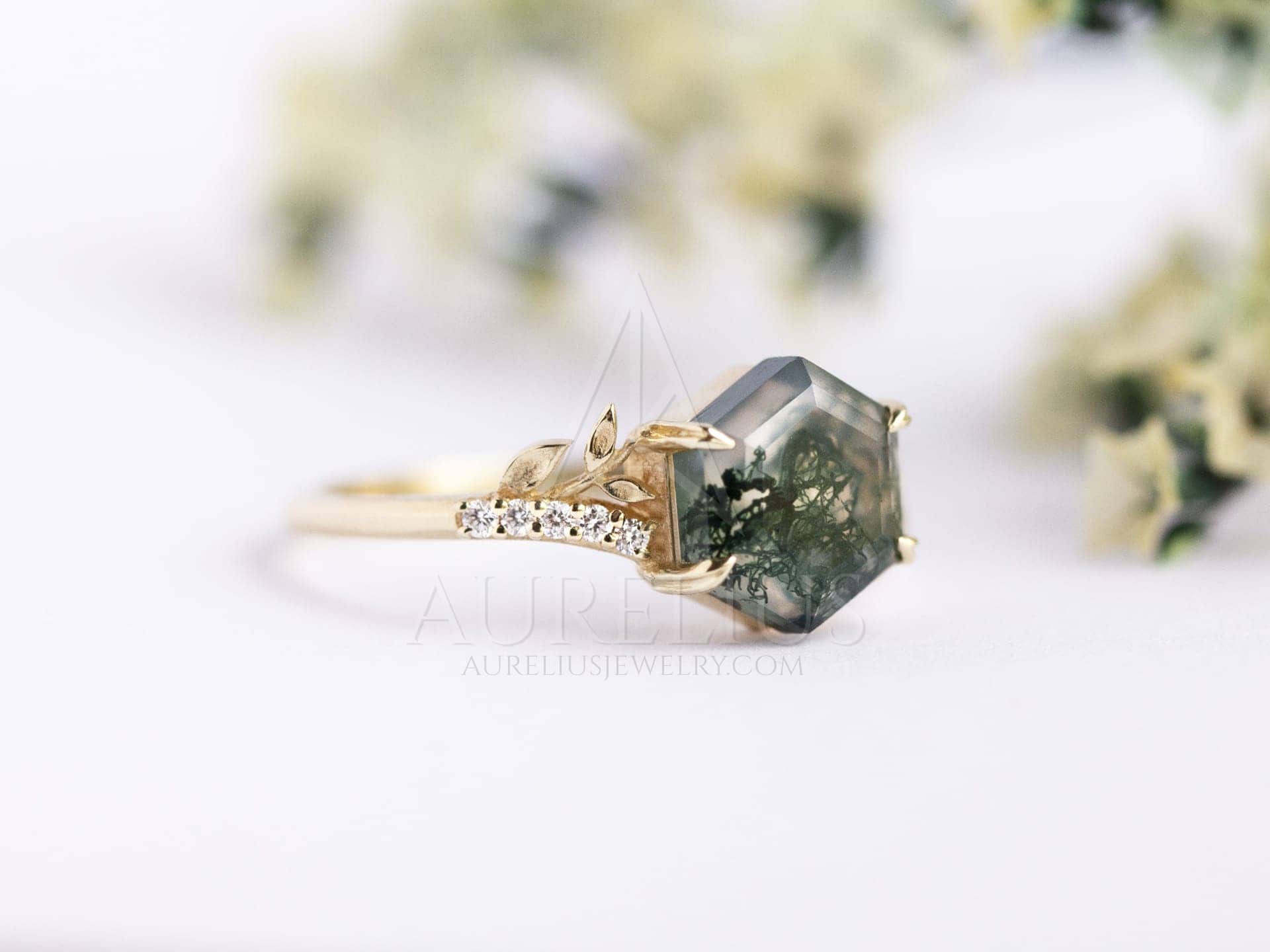 Floral Marquise Moss Agate Engagement Ring - Aurelius Jewelry