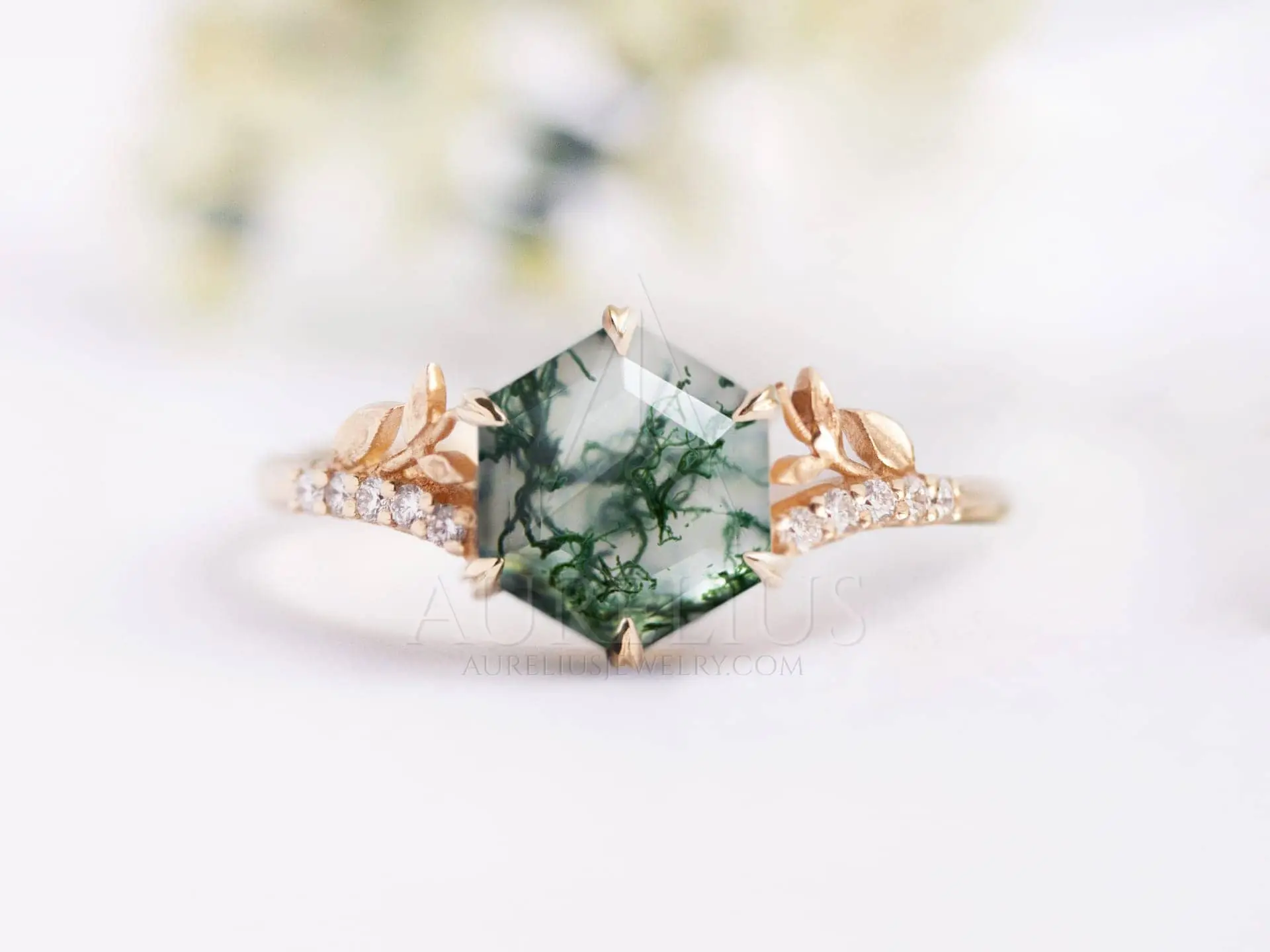 Floral Marquise Moss Agate Engagement Ring - Aurelius Jewelry