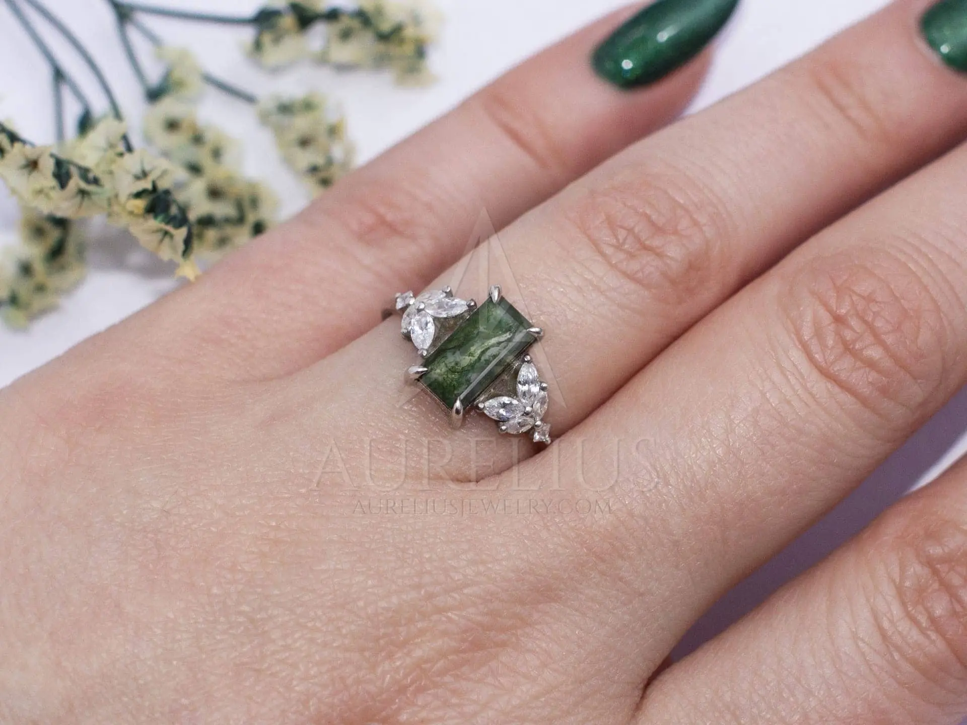 Floral Marquise Moss Agate Engagement Ring - Aurelius Jewelry