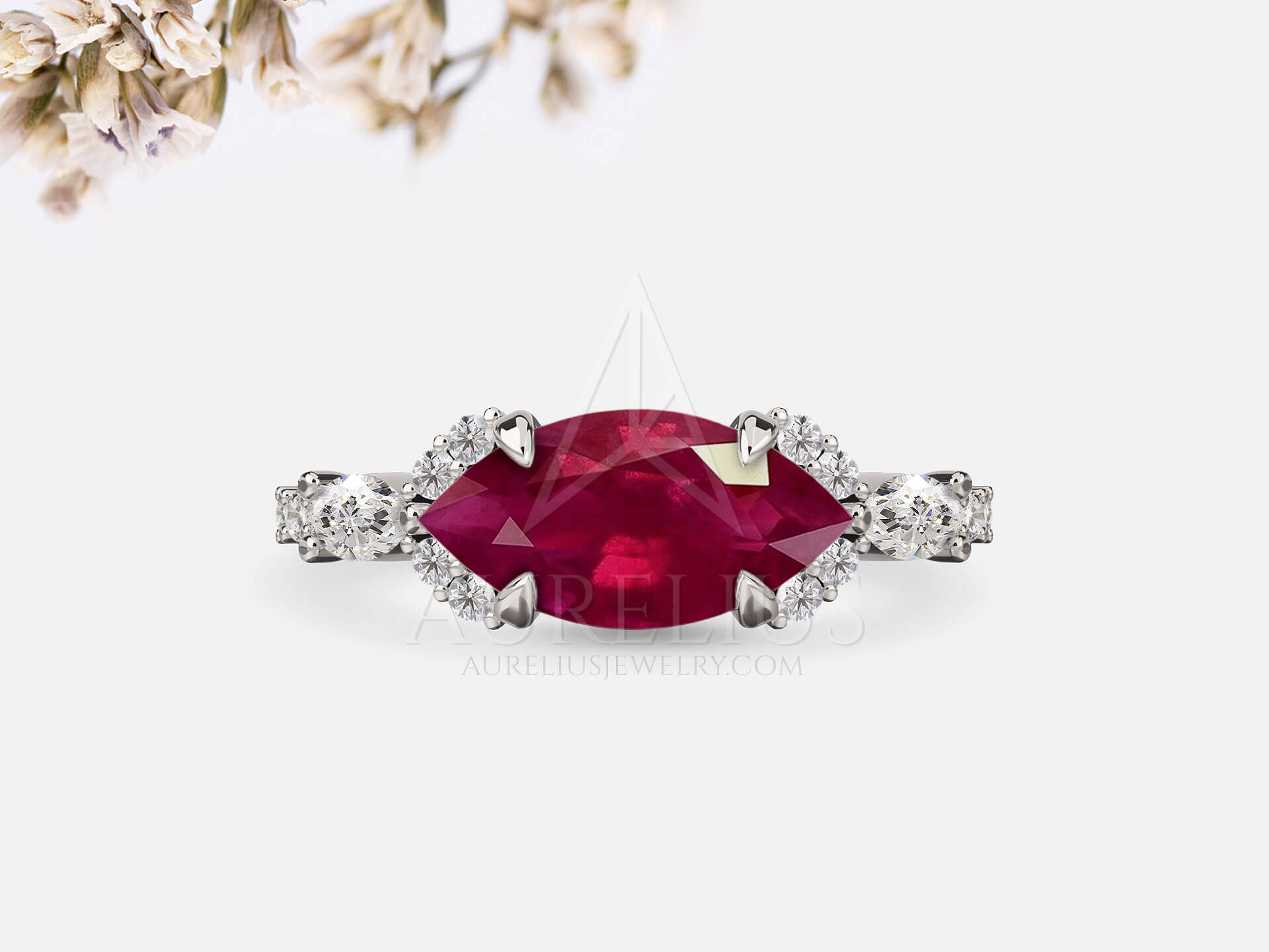 Ruby East West Marquise Engagement Ring - Rowena