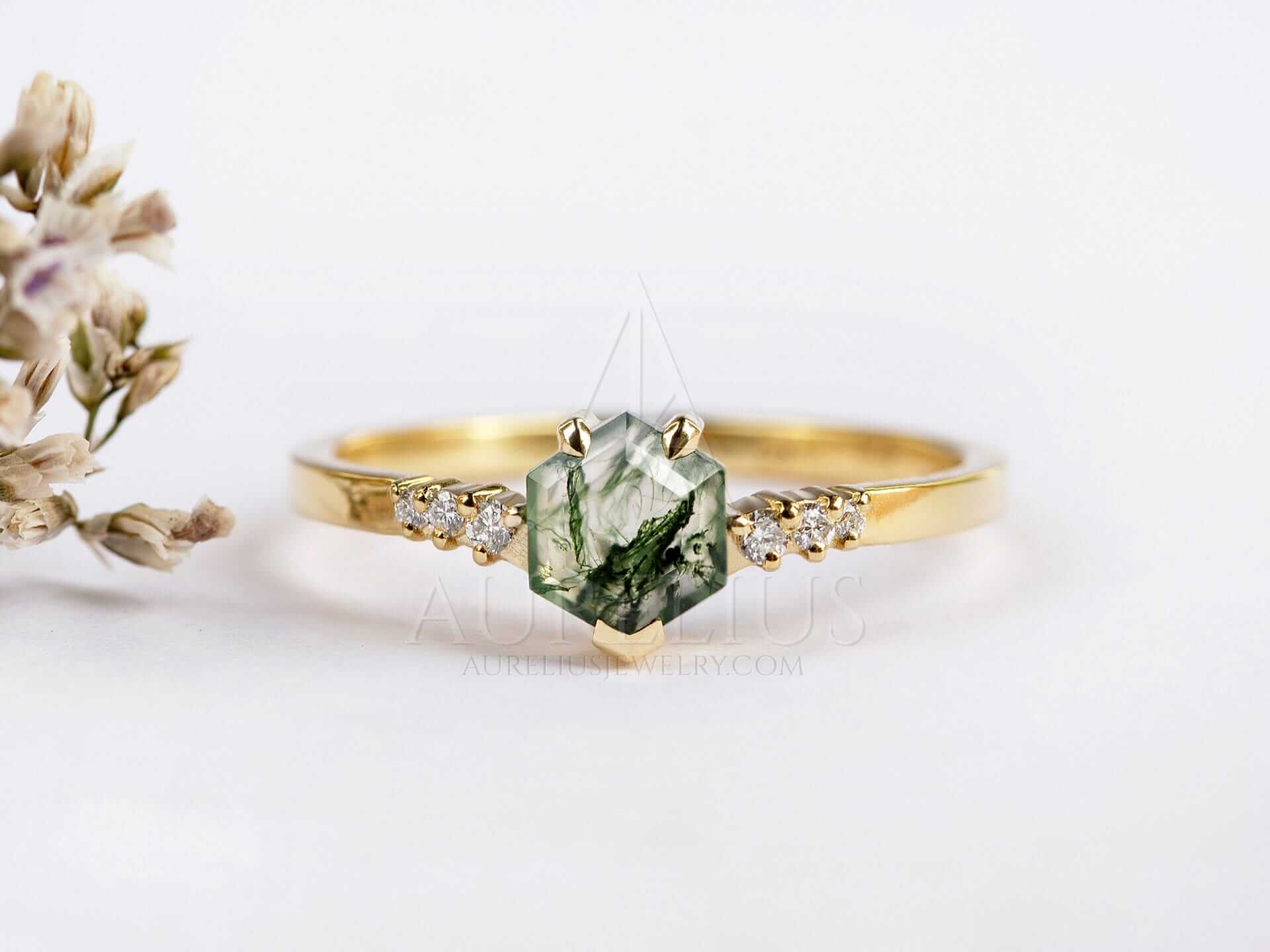 Tiny Engagement Ring Moss Agate - Vera