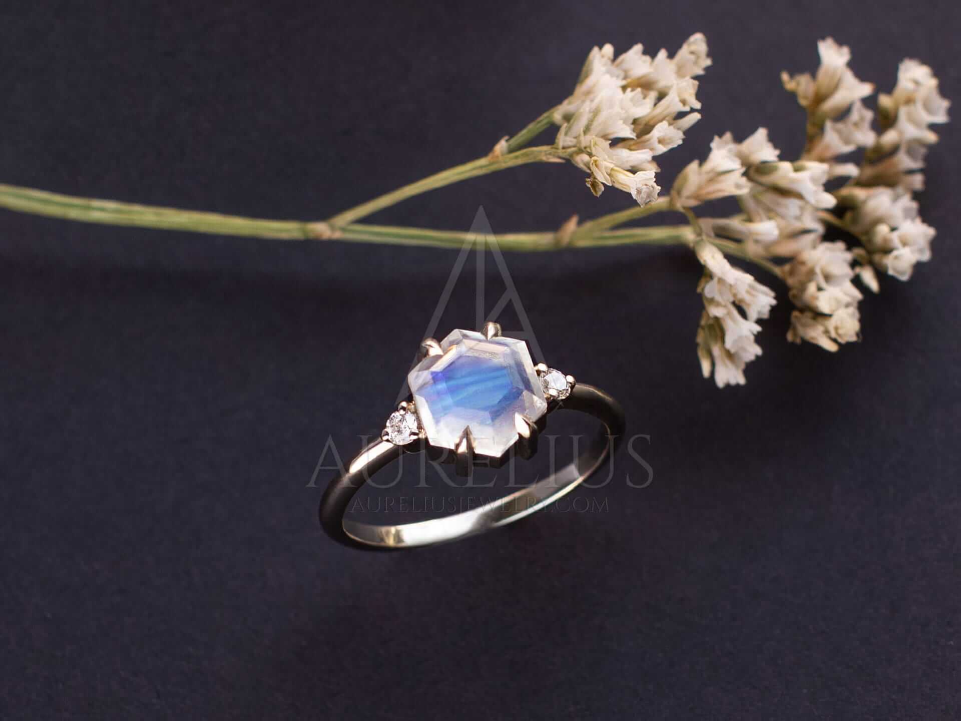 Three Stone Engagement Ring with Hexagon Moonstone - Diana - Image 4