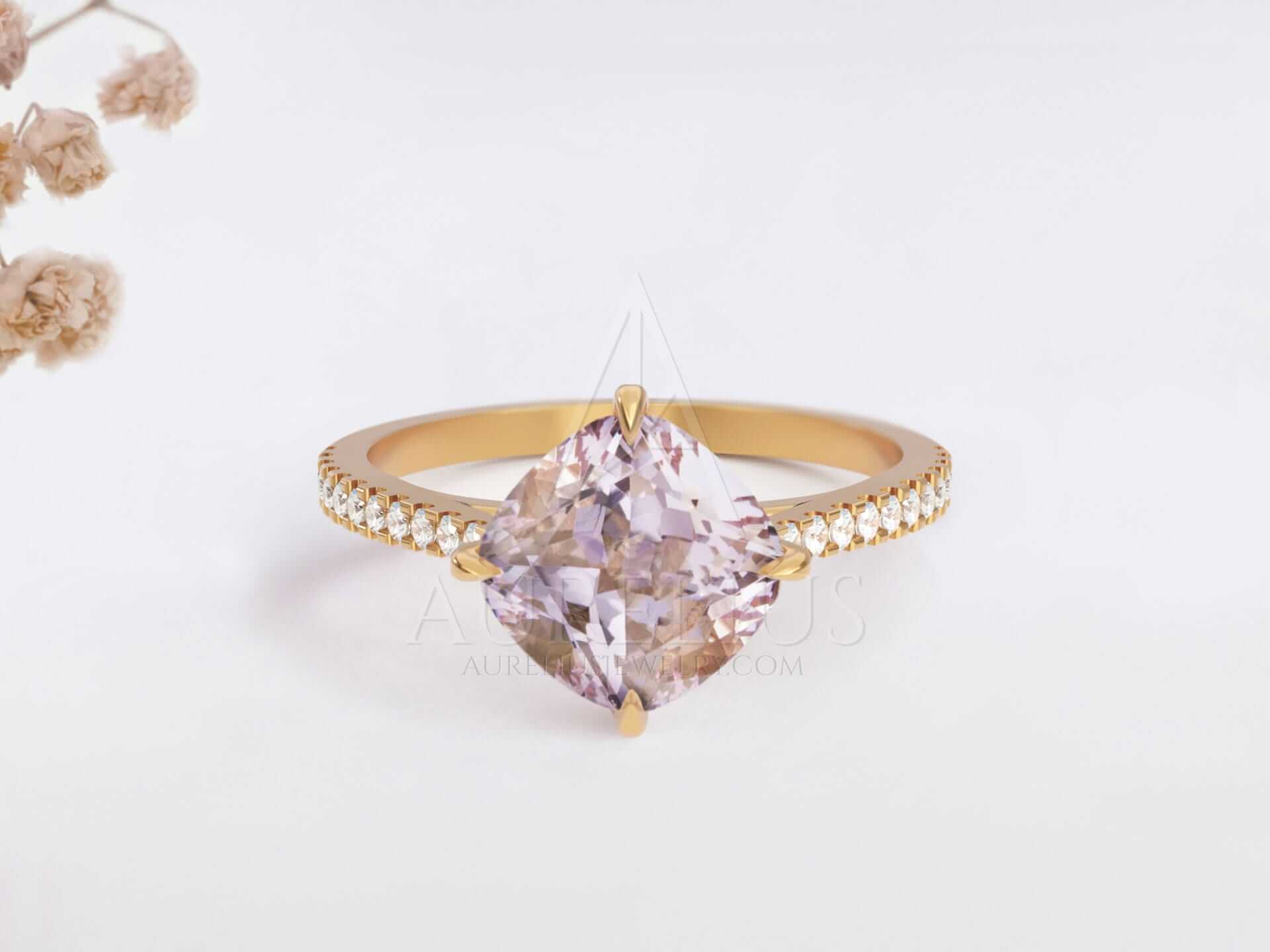 Morganite Cushion Cut Engagement Ring Hidden Halo - Jasmine