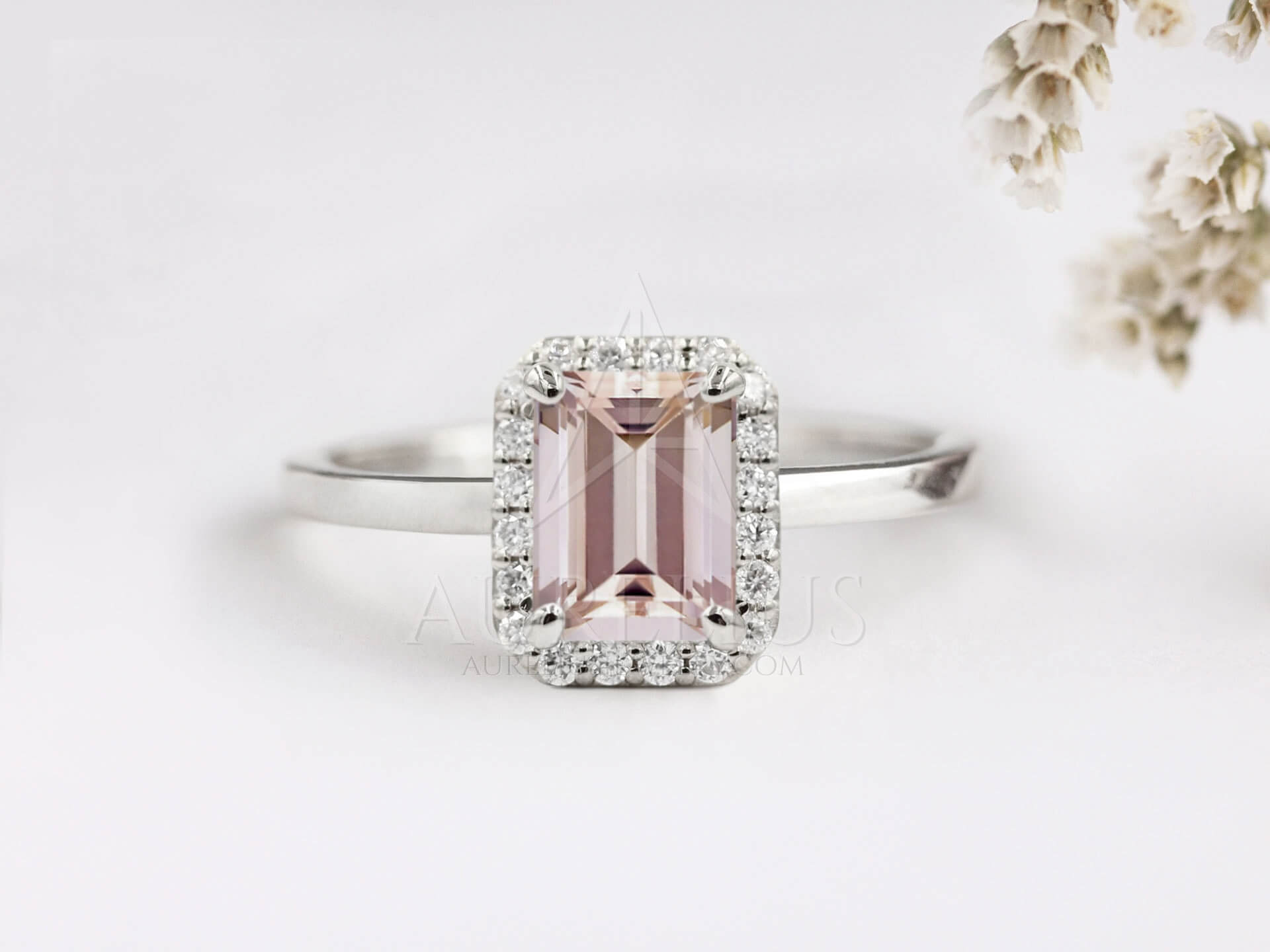 Emerald Cut Morganite Engagement Ring with Halo - Molly