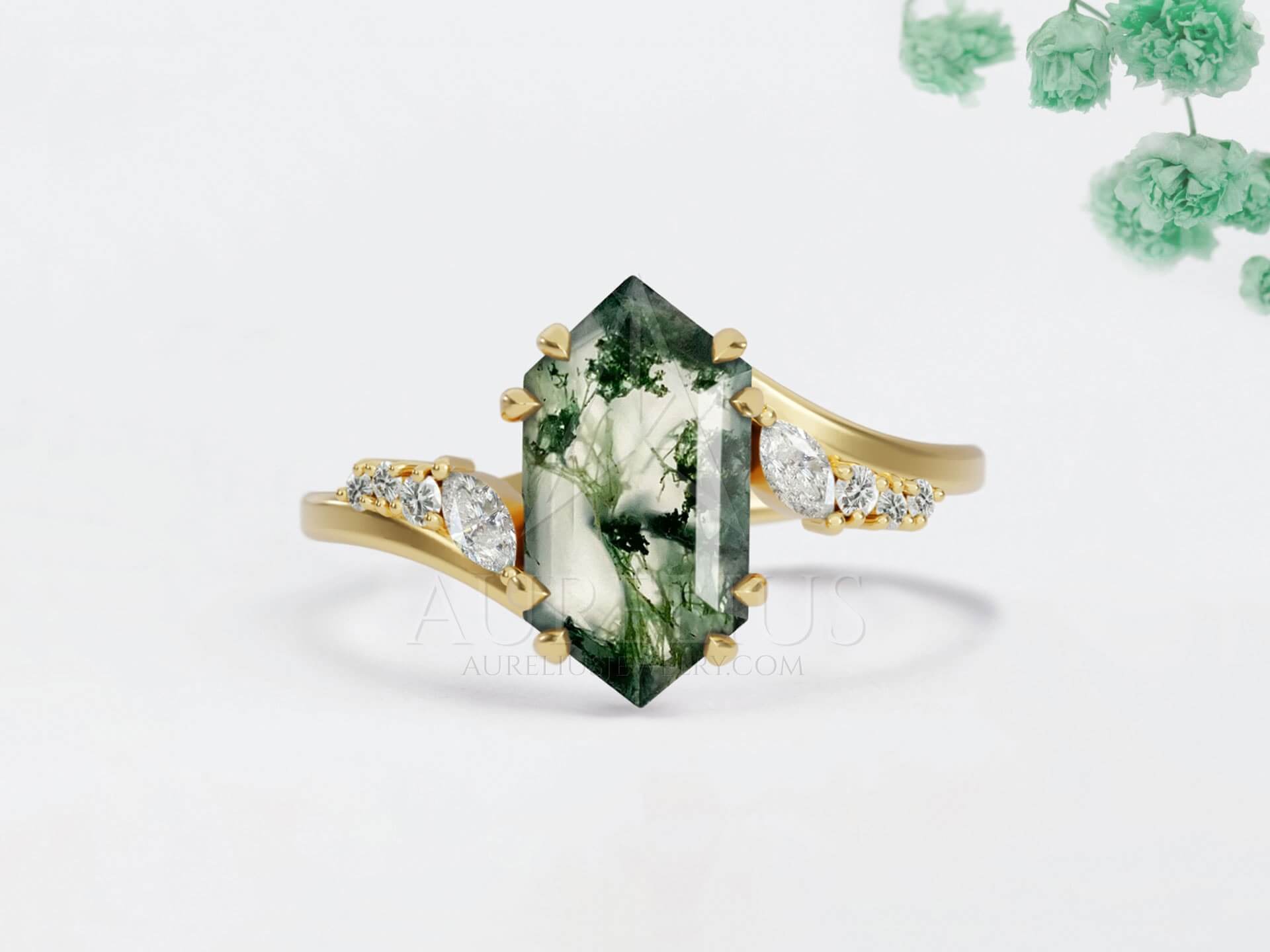 Moss Agate Elongated Hexagon Engagement Ring - Willow