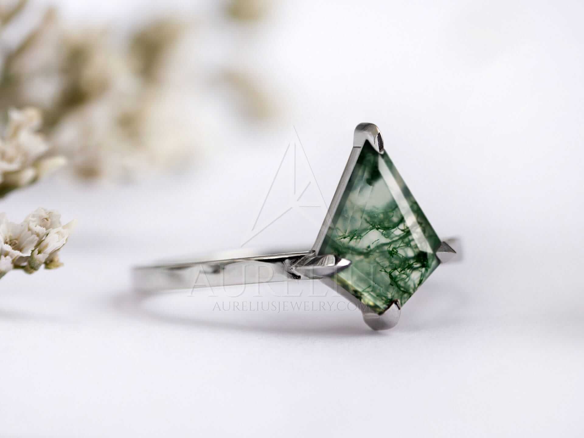 Moss Agate Engagement Ring Solitaire Kite Cut - Vivian - Image 3