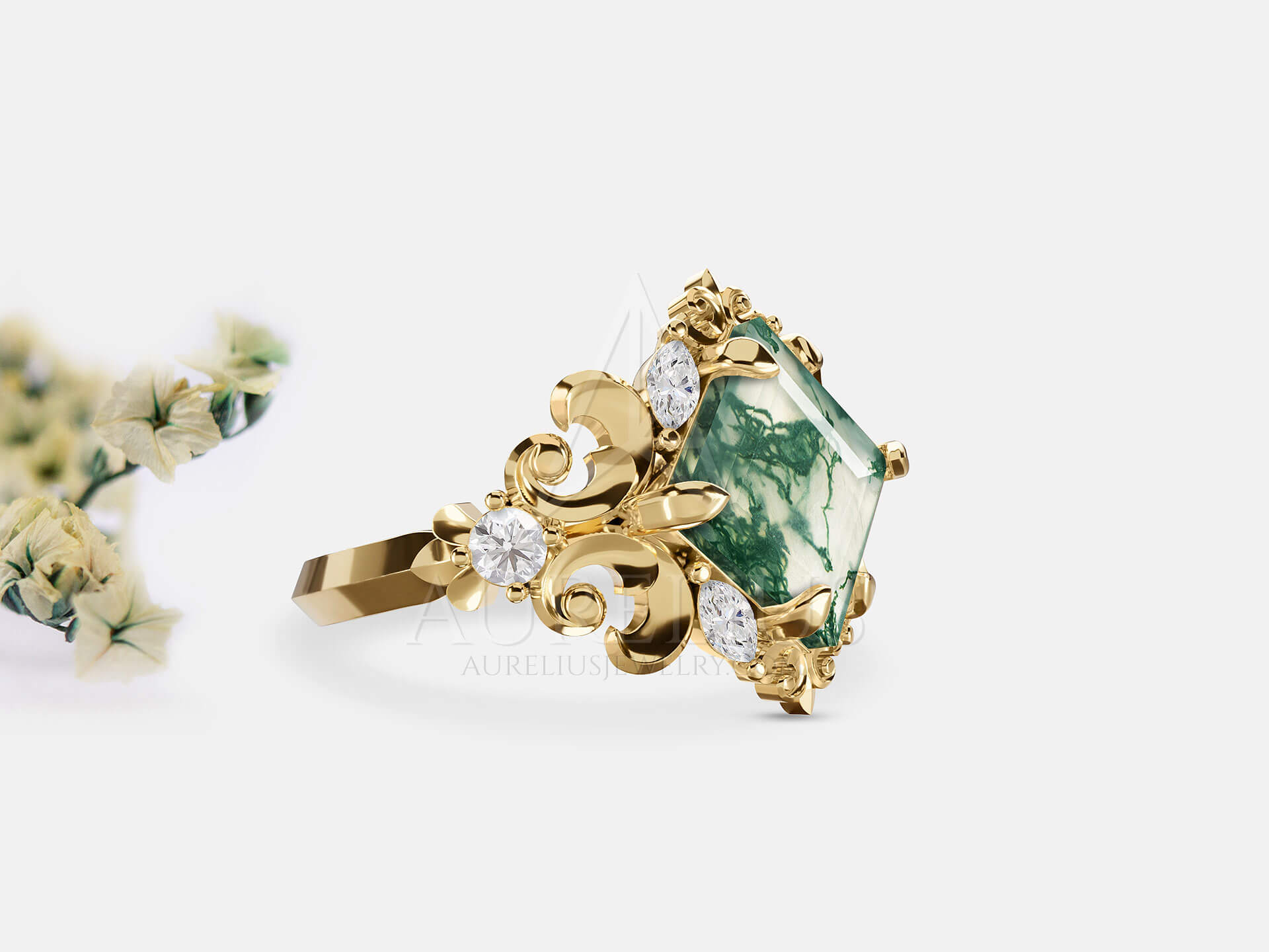 Gold Statement Ring with Princess Moss Agate - Miriam - Image 4