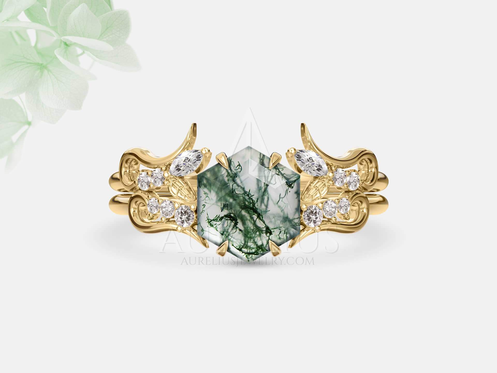 Moss Agate Nature Inspired Wedding Ring Set - Rosemary