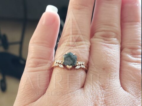 Vera Hexagon Moss Agate Engagement Ring and Open Marquise Diamond Wedding Ring Set