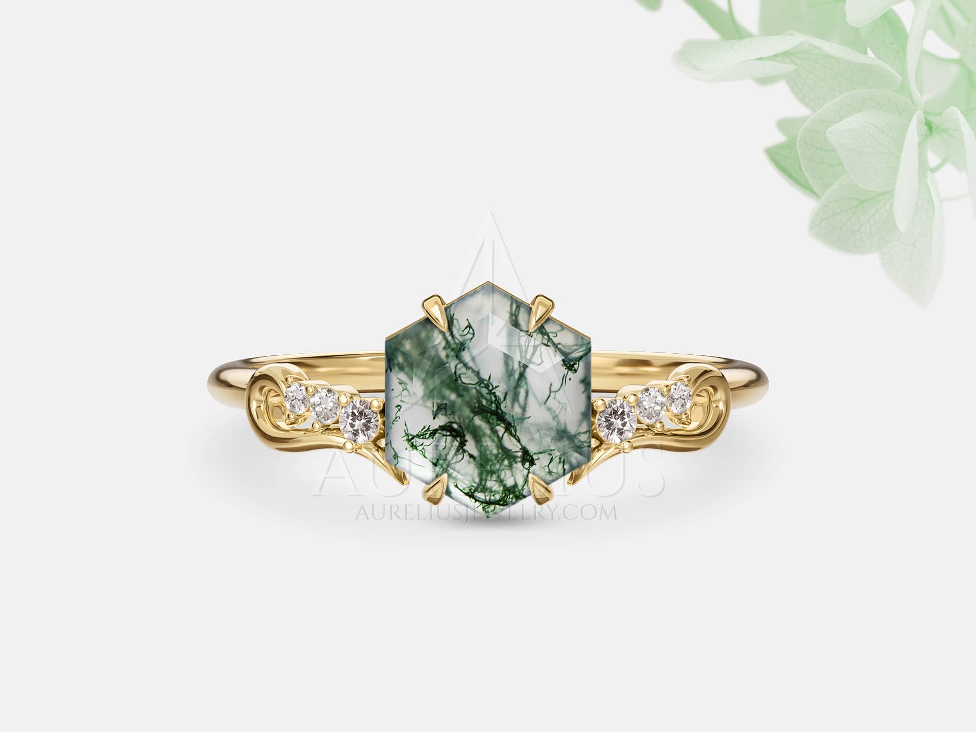 Moss Agate Vine Engagement Ring - Rosemary