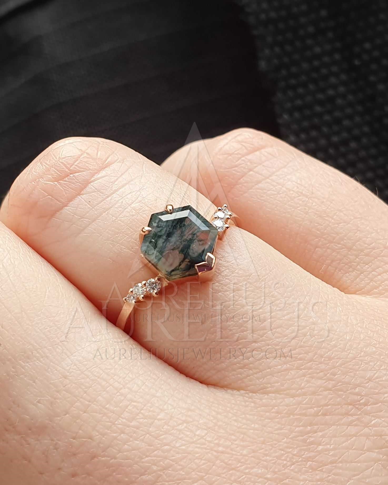 Hexagon Moss Agate Engagement Ring And Open Marquise Diamond Bridal Ring Set Aurelius Jewelry 