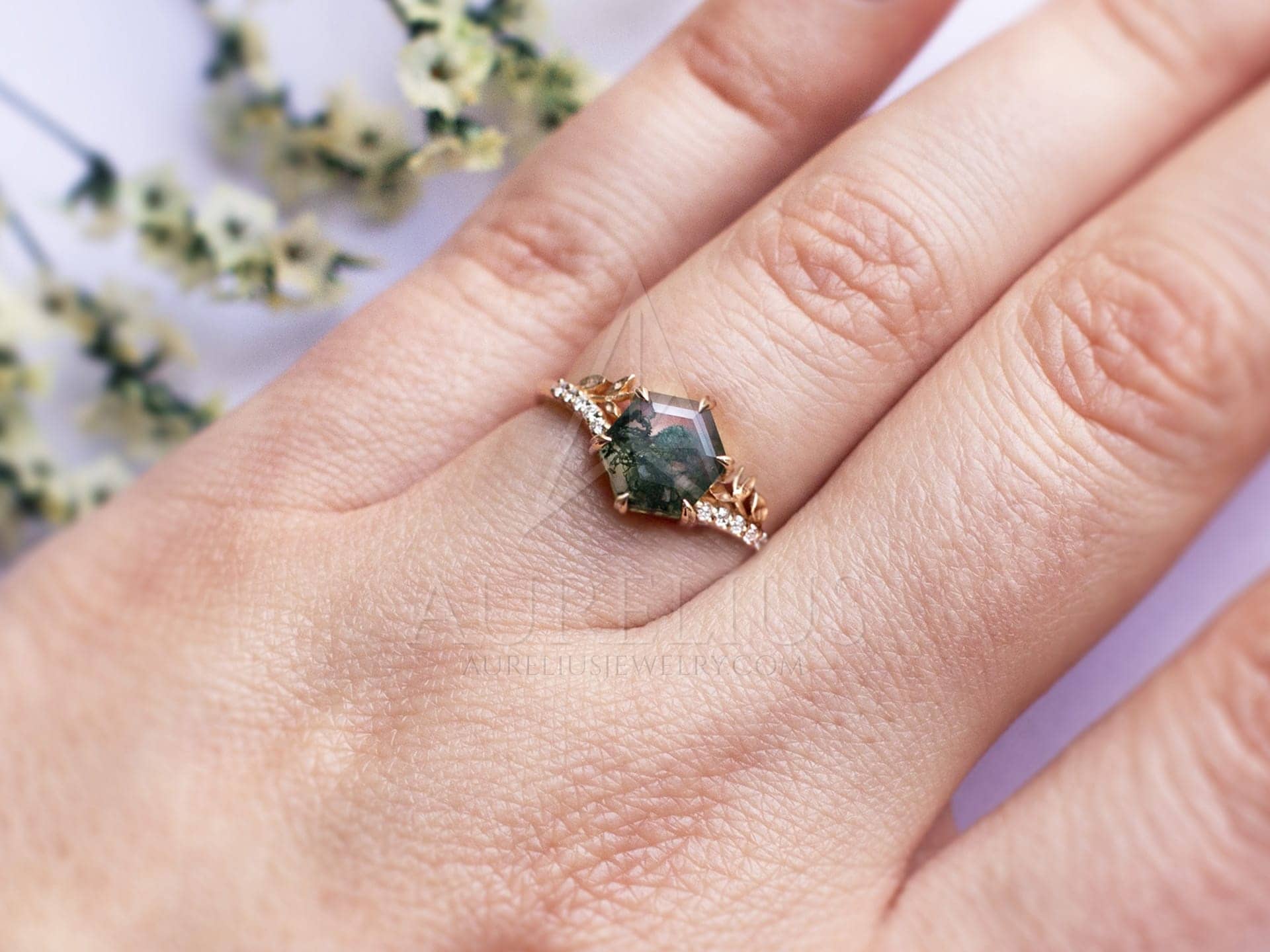 The Pasadena: Victorian Moss Agate Navette Ring