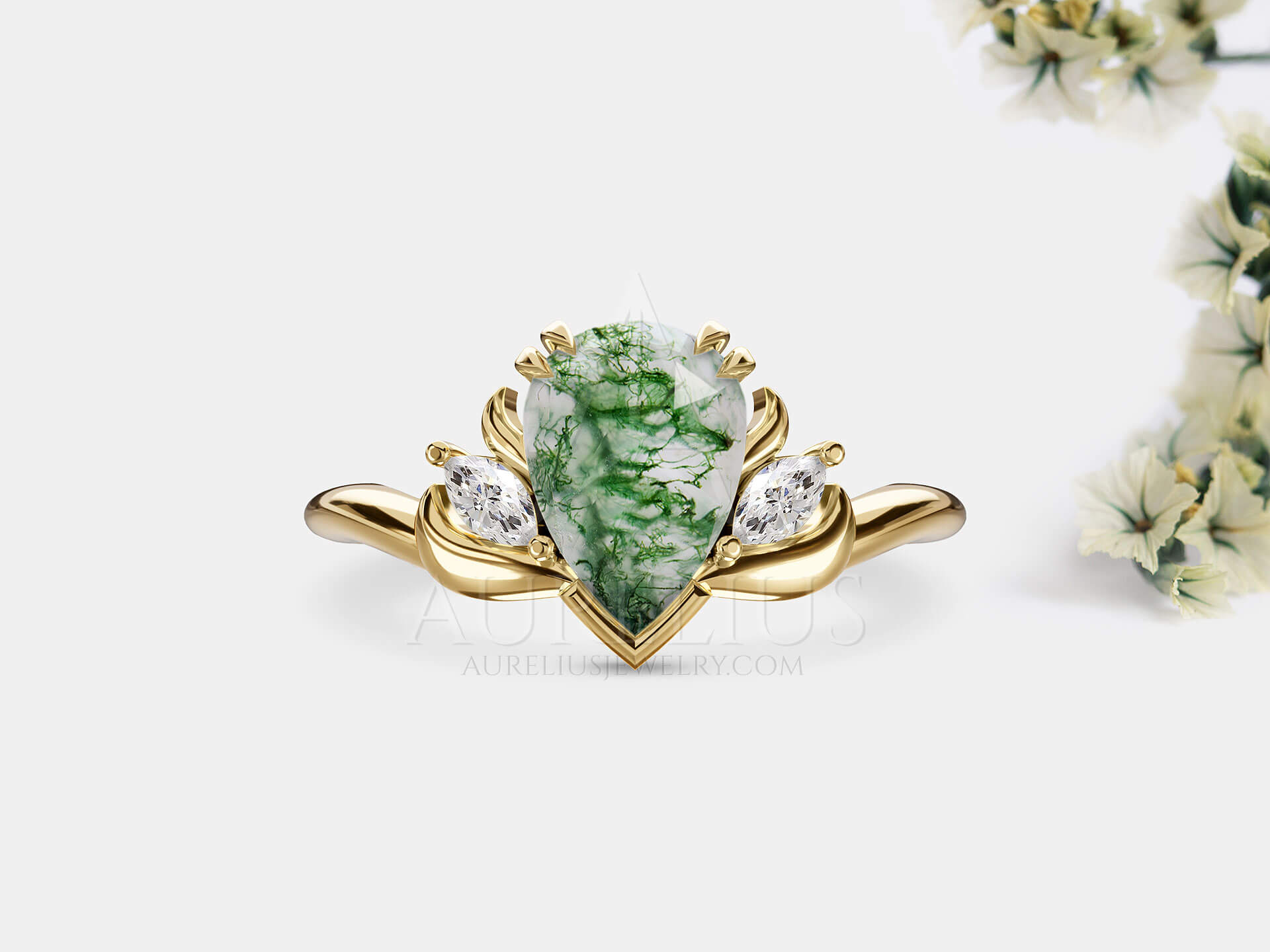 Nature Inspired Pear Moss Agate Ring - Maeve