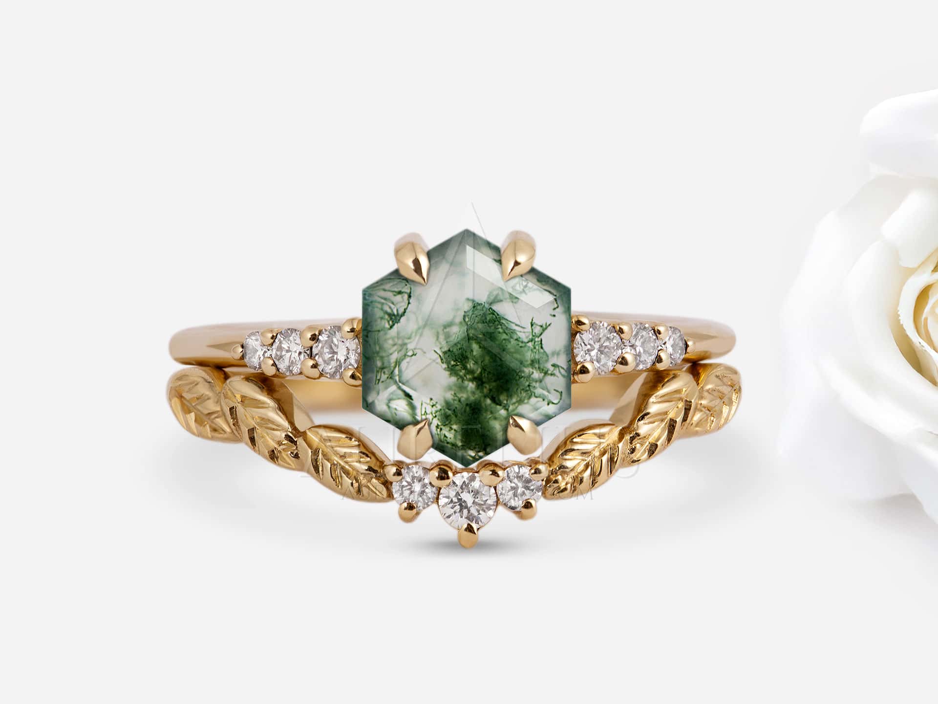 Floral Moss Agate Wedding Ring Set - Colleen
