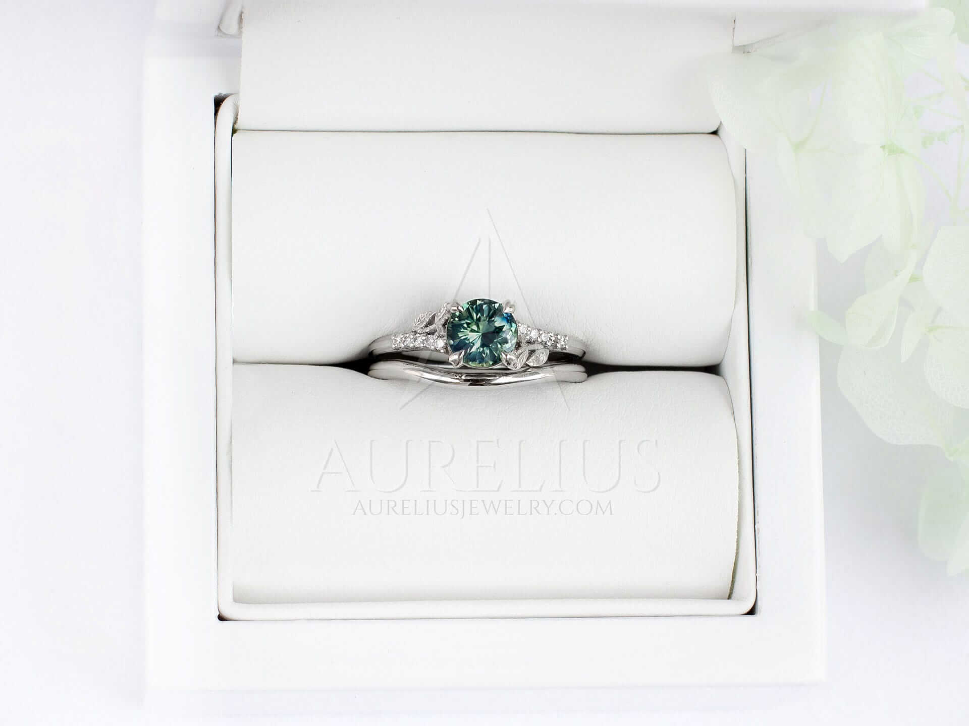 Round Teal Sapphire Engagement Ring Set with Curved Wedding Ring - Viridiana - Image 3