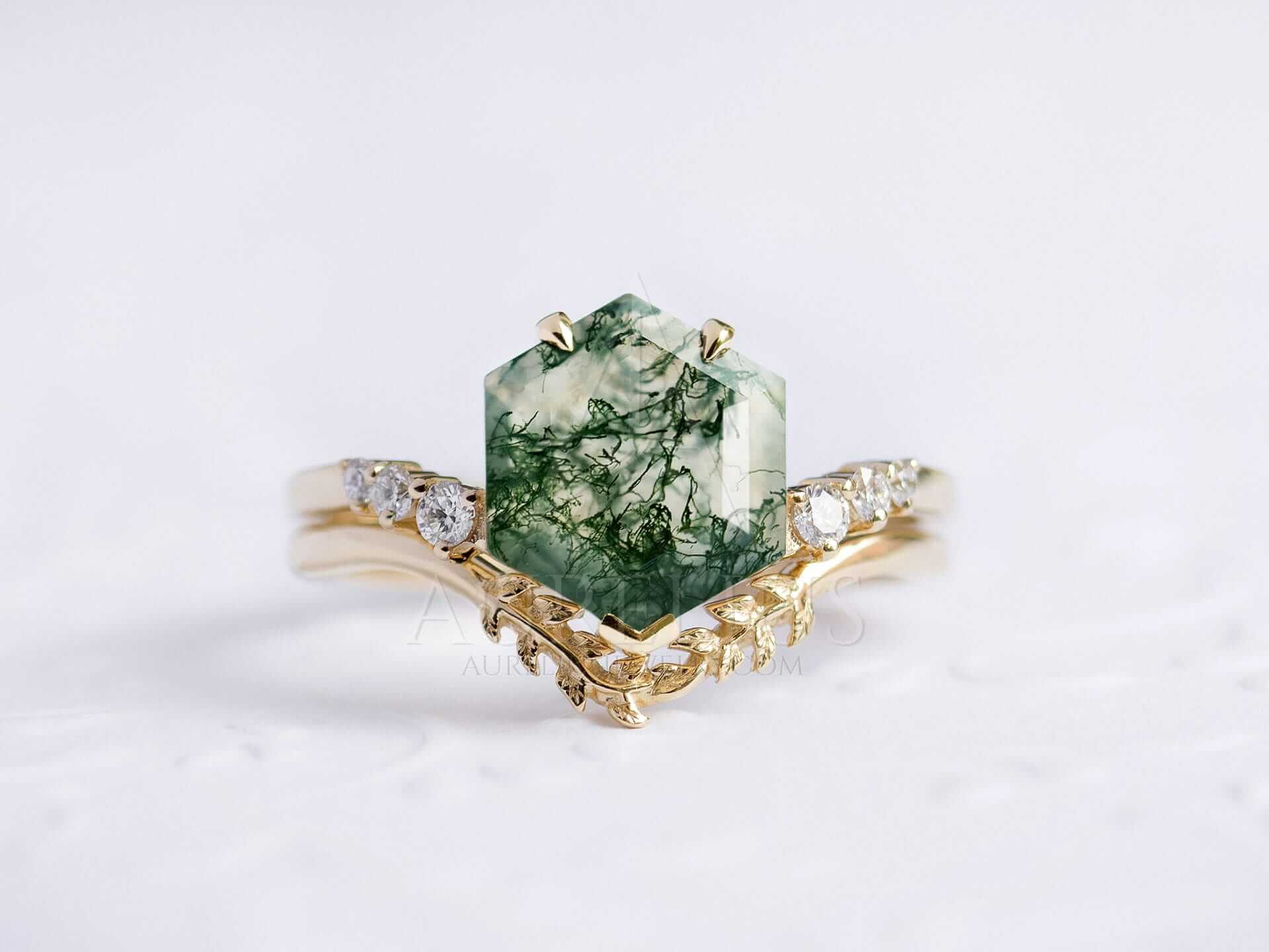 Nature Inspired Wedding Ring Set with Hexagon Moss Agate - Virginia