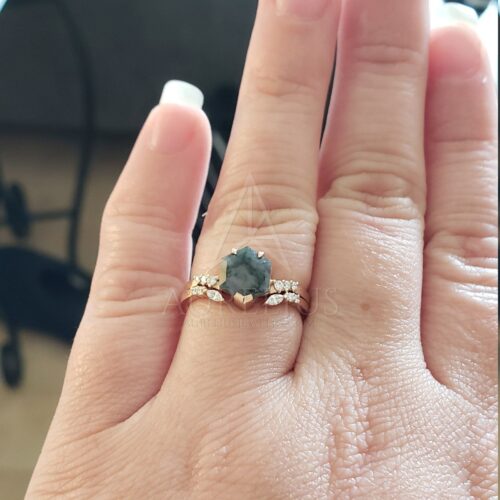 Vera Hexagon Moosachat Verlobungsring und offener Marquise Diamant Ehering Set photo review