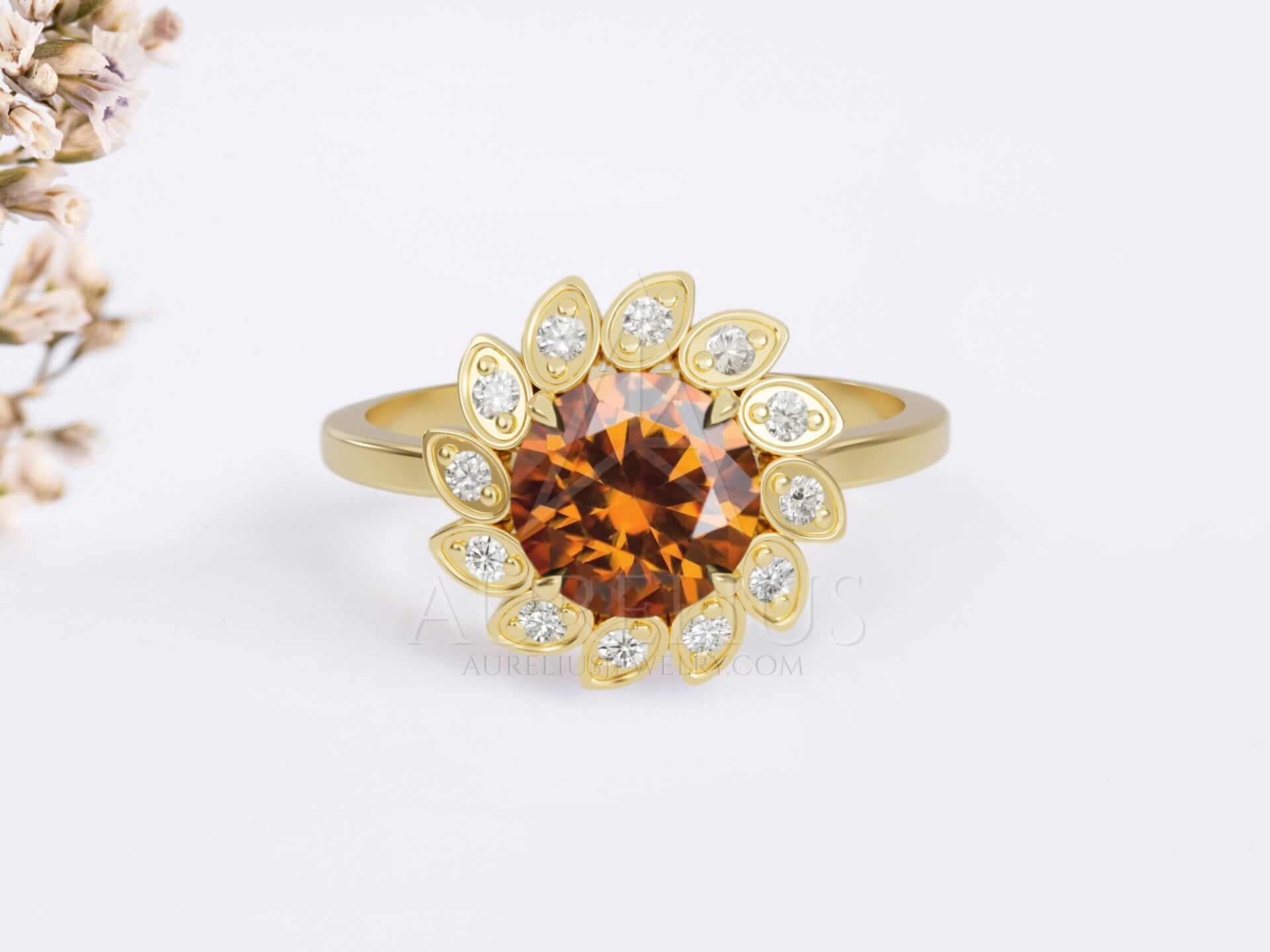 Orange Sapphire Floral Engagement Ring - Girasol