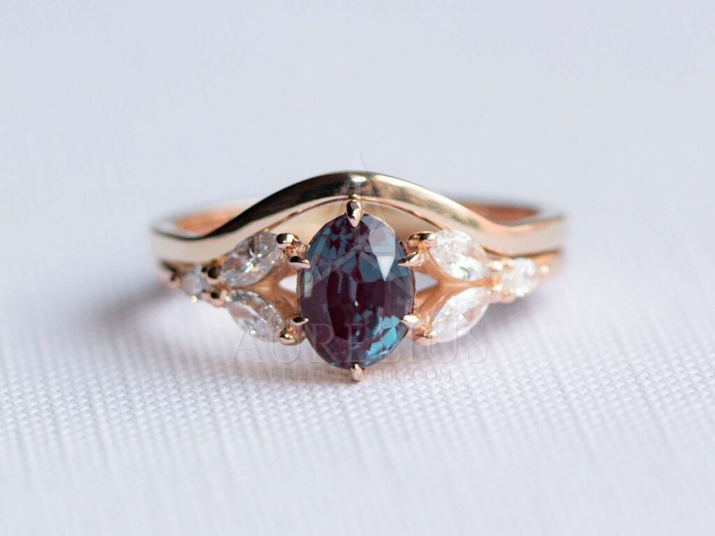 oval alejandrita anillo de boda conjunto