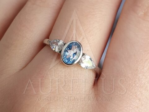 Oval Aquamarine and White Pear Sapphire Ring