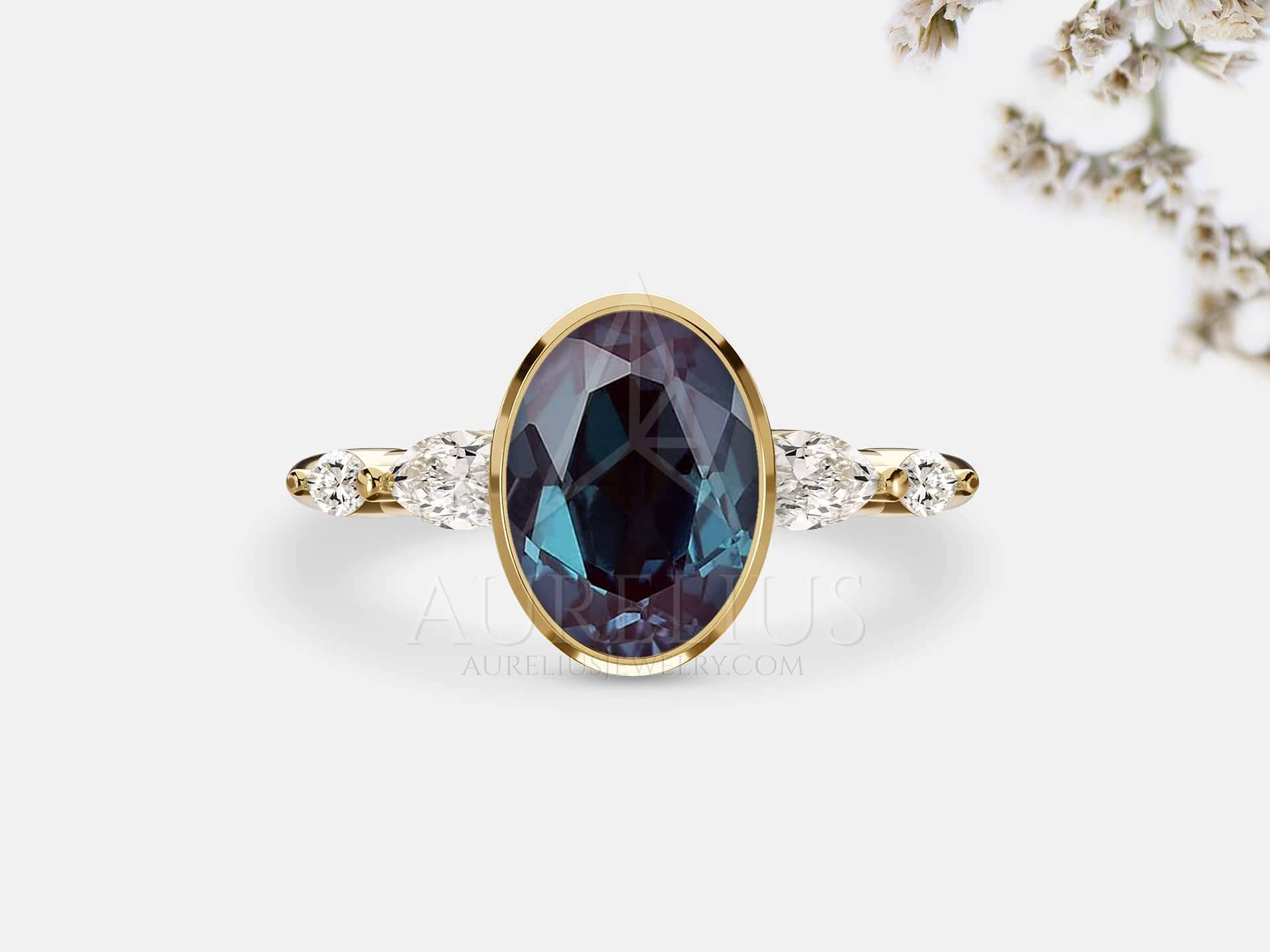 Oval Alexandrite Bezel Set Engagement Ring - Naomi