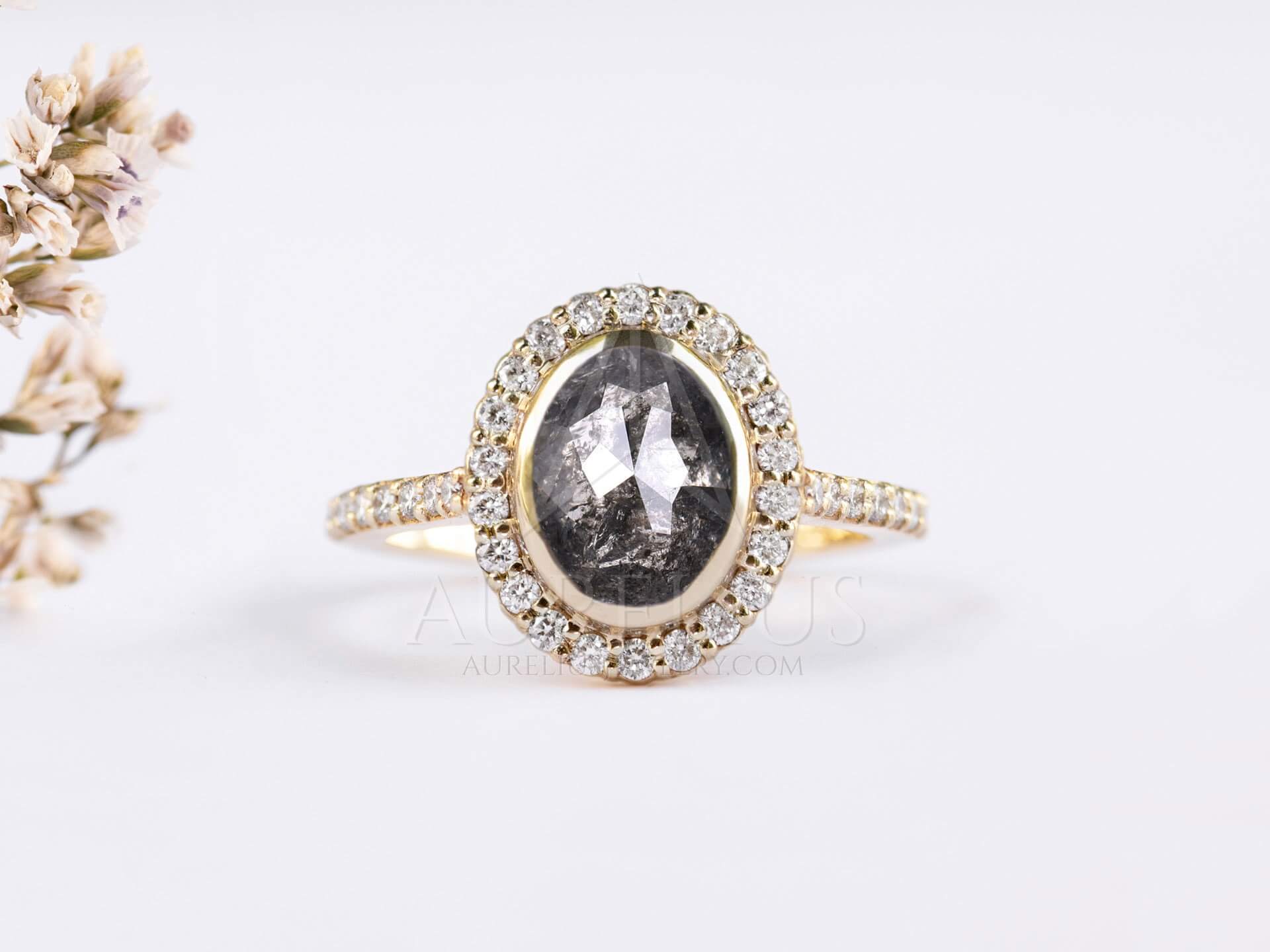 Oval Halo Engagement Ring with Salt and Pepper Diamond - Cosmos