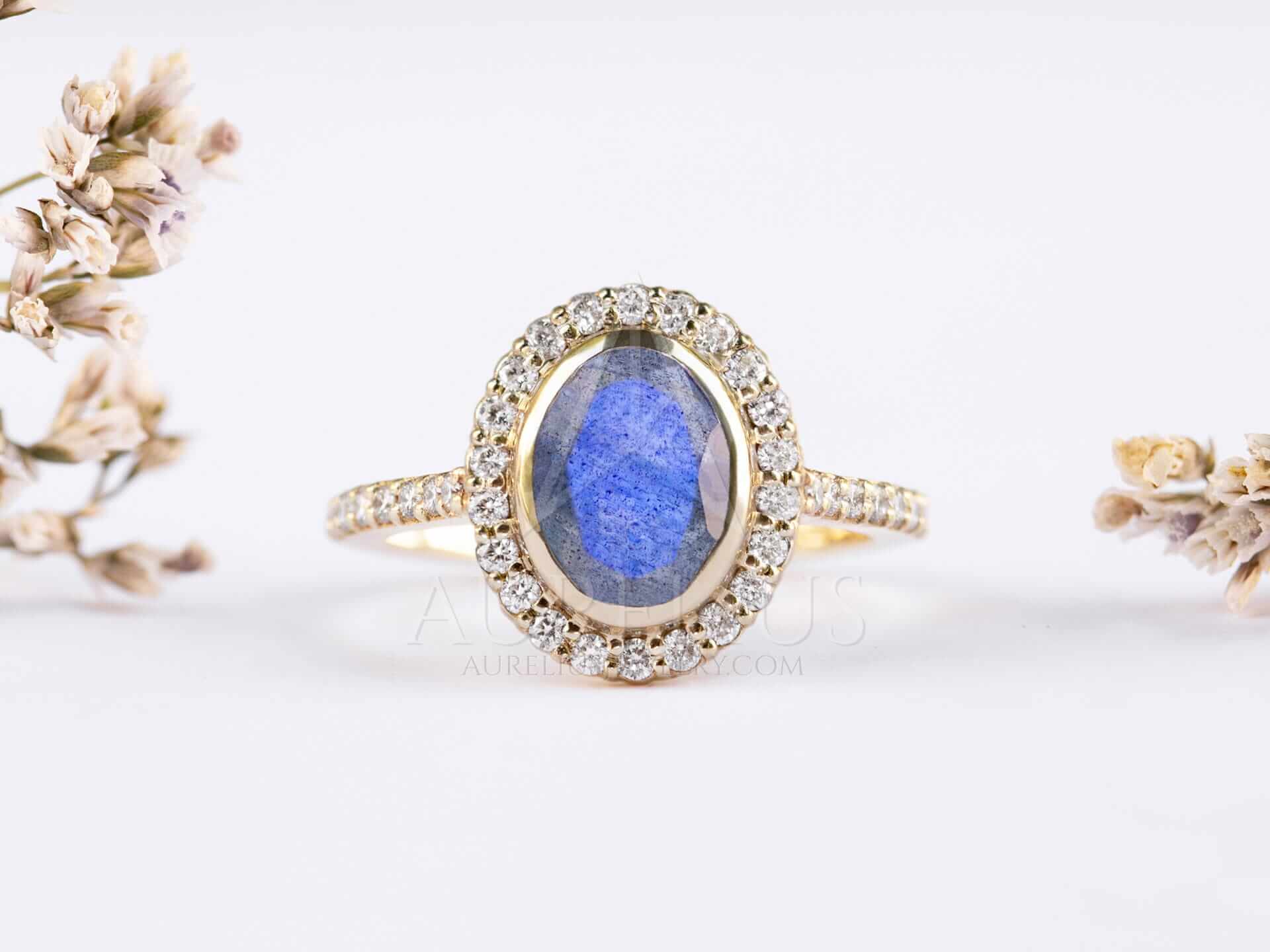 Oval Halo Engagement Ring with Labradorite - Carolina