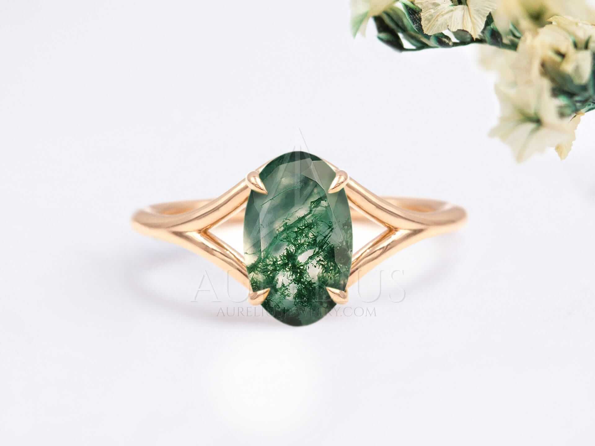 Elongated Oval Split Shank Engagement Ring with Moss Agate - Eleanor