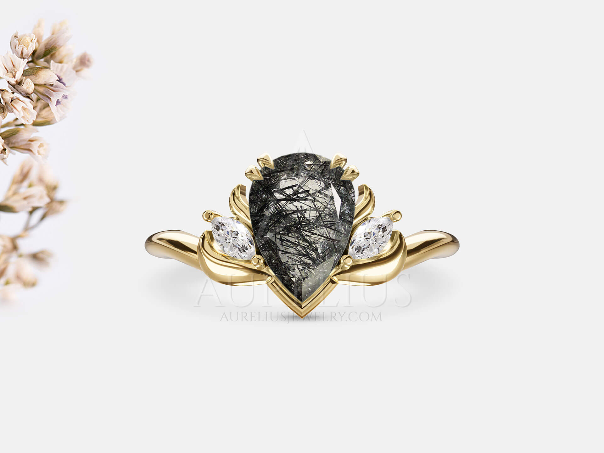 Pear Cut Rutilated Quartz Engagement Ring - Caspia