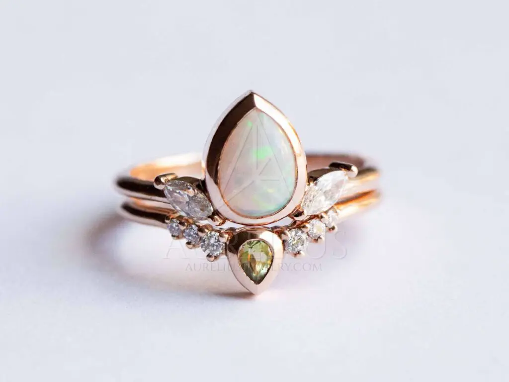 Curved Opal Diamond Rose Gold Ring Opal Wedding Band Chevron Engagement Ring