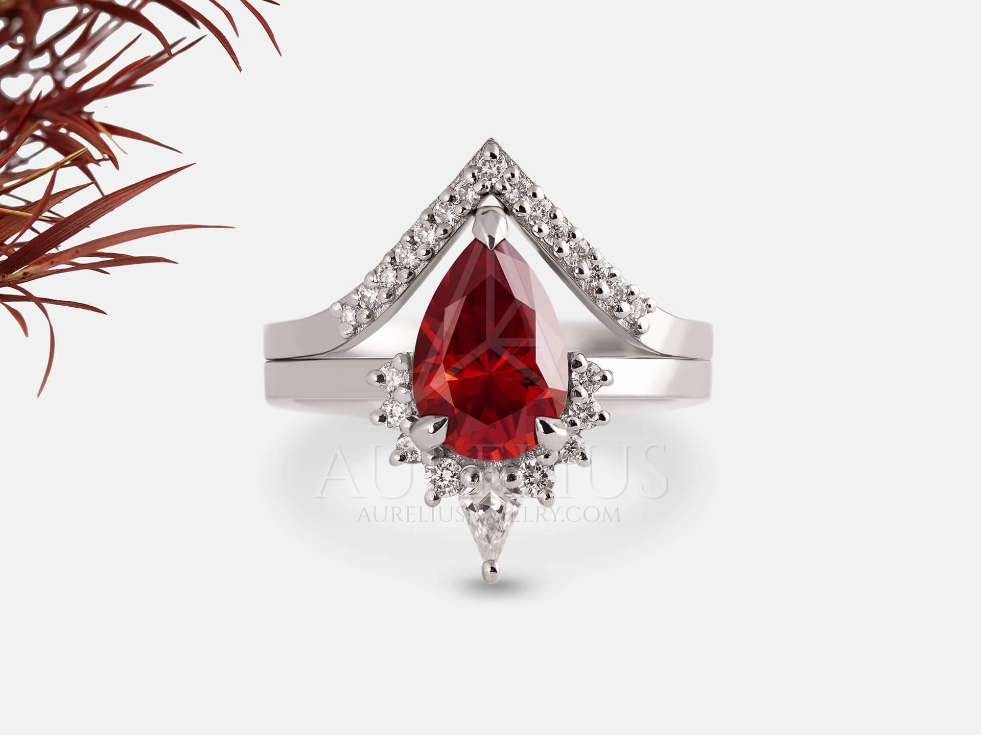 Pear Shaped Wedding Ring Set with Red Moissanite - Rose