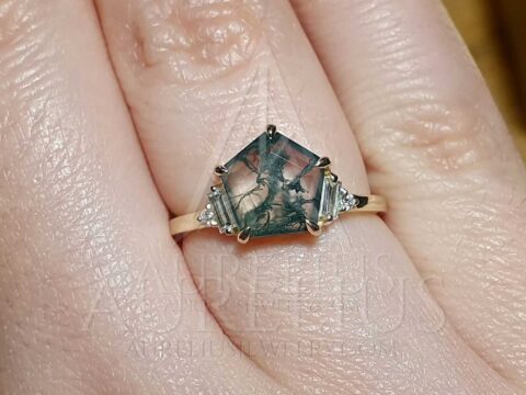 Art Deco Pentagon Moss Agate and Baguette Diamond Engagement Ring