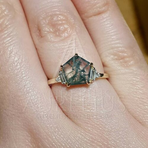 Art Deco Pentagon Moss Agate and Baguette Diamond Engagement Ring photo review