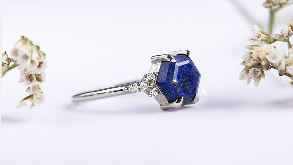 hexagon lapis lazuli ring with the popular claw setting
