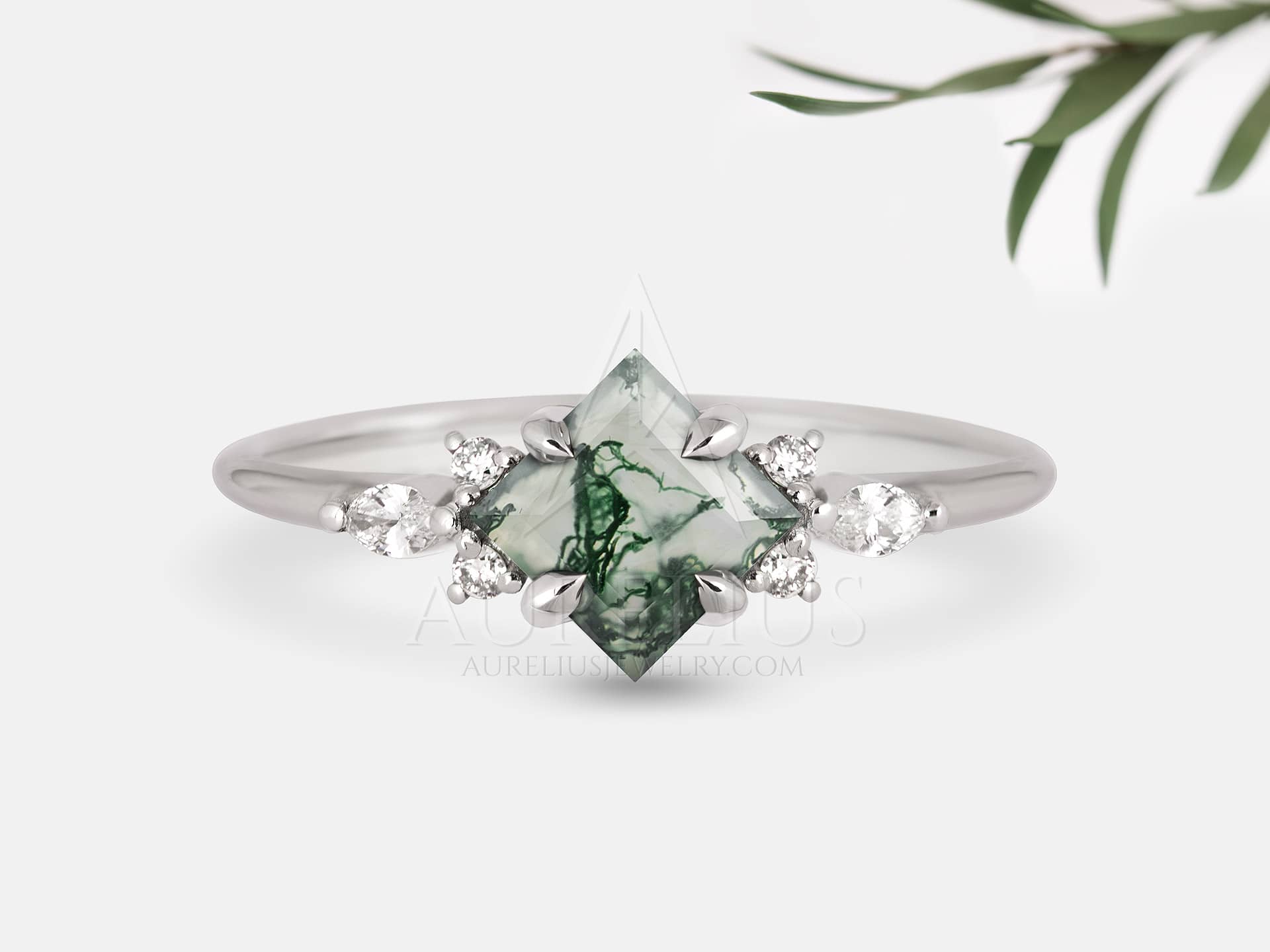 Princess Cut Moss Agate Ring with Diamonds - Cassia