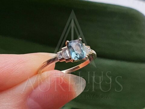 Teal Sapphire and Baguette Diamond Ring