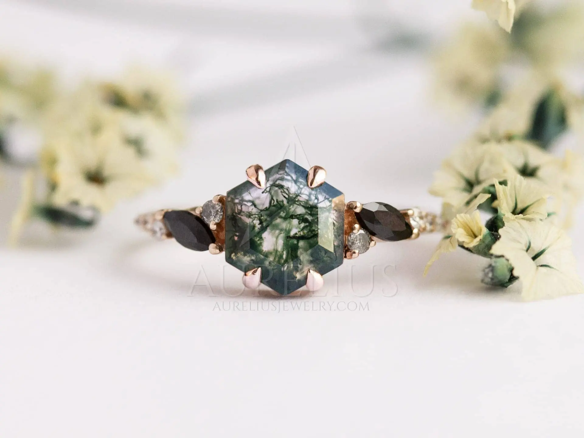 Hexagon Moss Agate and Black Spinel Engagement Ring - Aurelius Jewelry