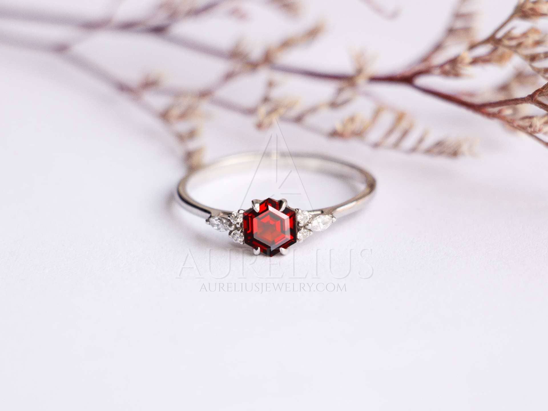 Hexagon Garnet and Diamond Engagement Ring - Aurelius Jewelry