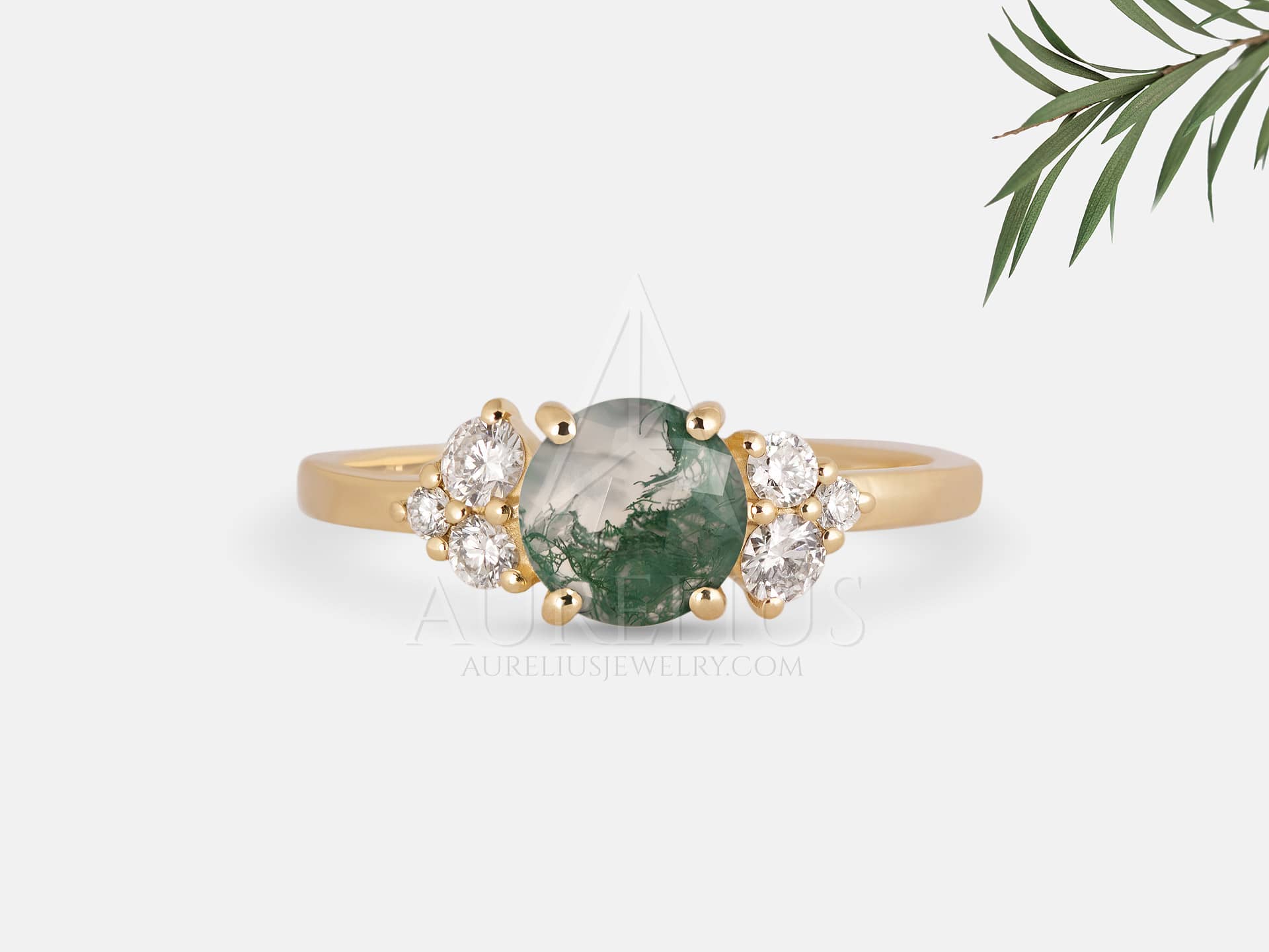 Rose Cut Engagement Ring with Round Moss Agate - Maggie