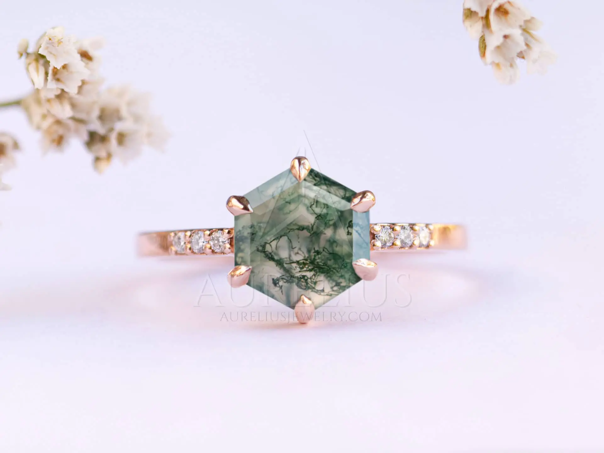 6-Prong Hexagon Moss Agate and Diamond Engagement Ring - Aurelius