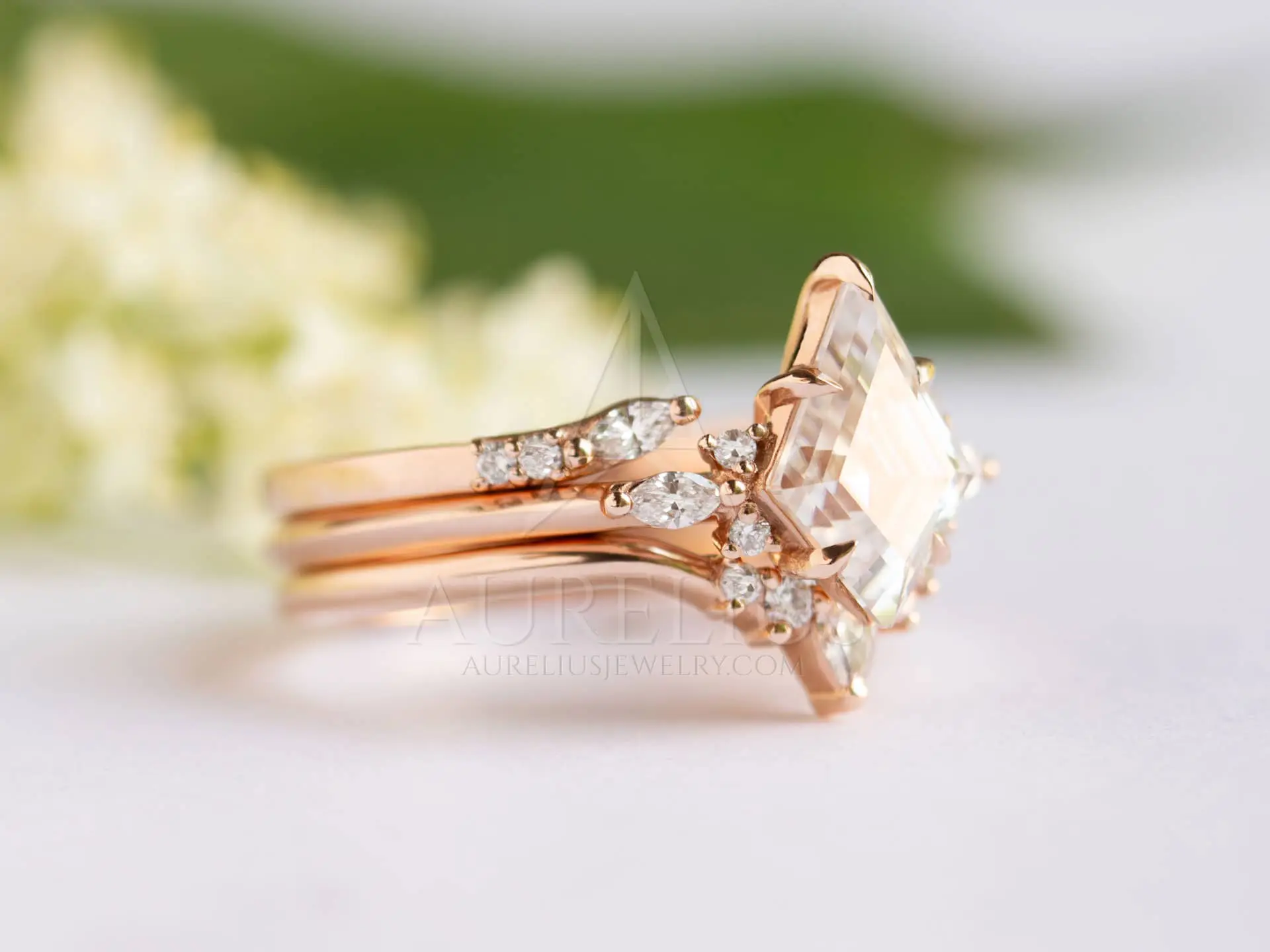 3-Band Kite Moissanite and Diamond Bridal Ring Set - Aurelius Jewelry