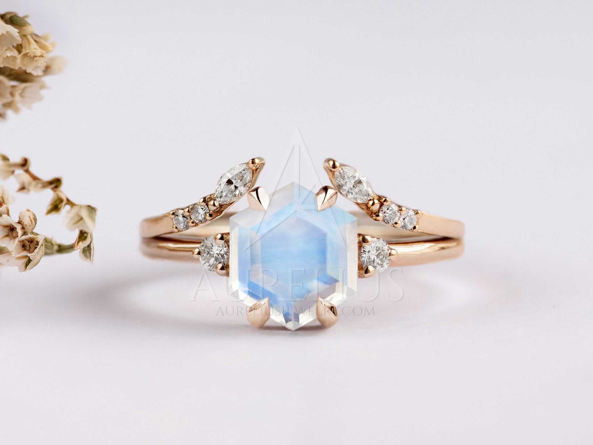 Moonstone engagement Ring with Open Band Wedding Ring - Diana