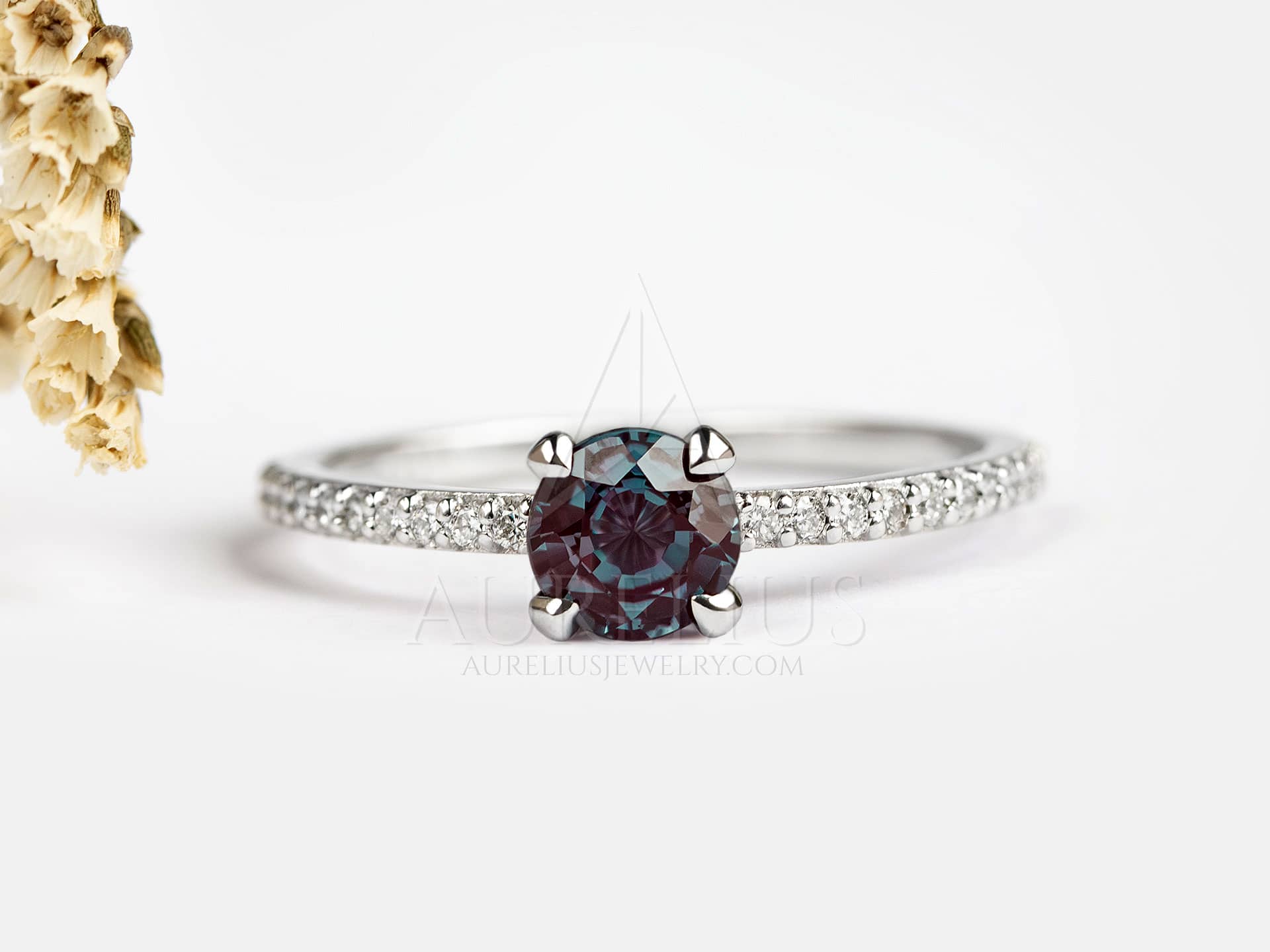 Round Alexandrite Engagement Ring with Diamond Pavé - Ava