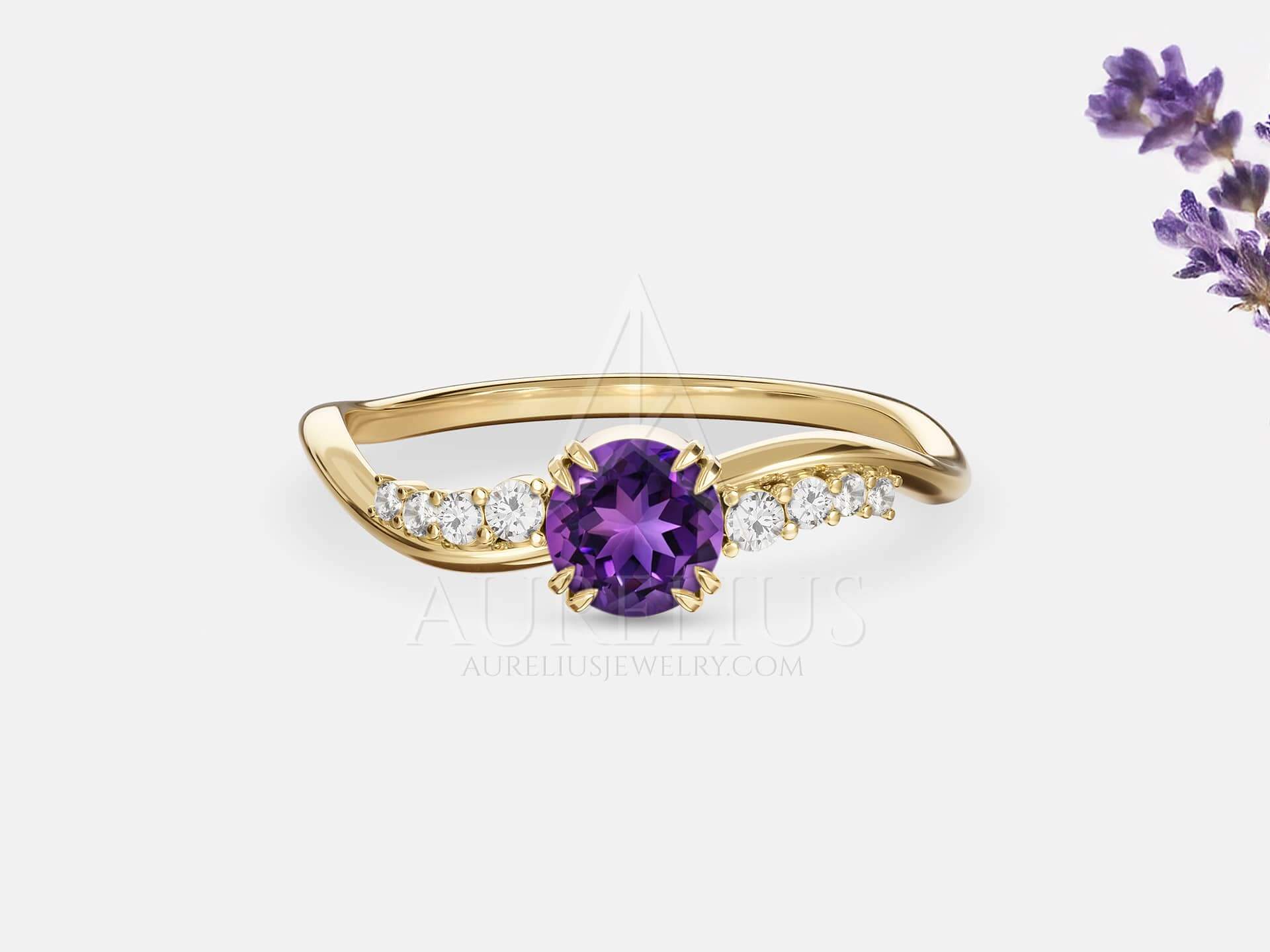 Wave Engagement Ring Round Amethyst - Evangeline