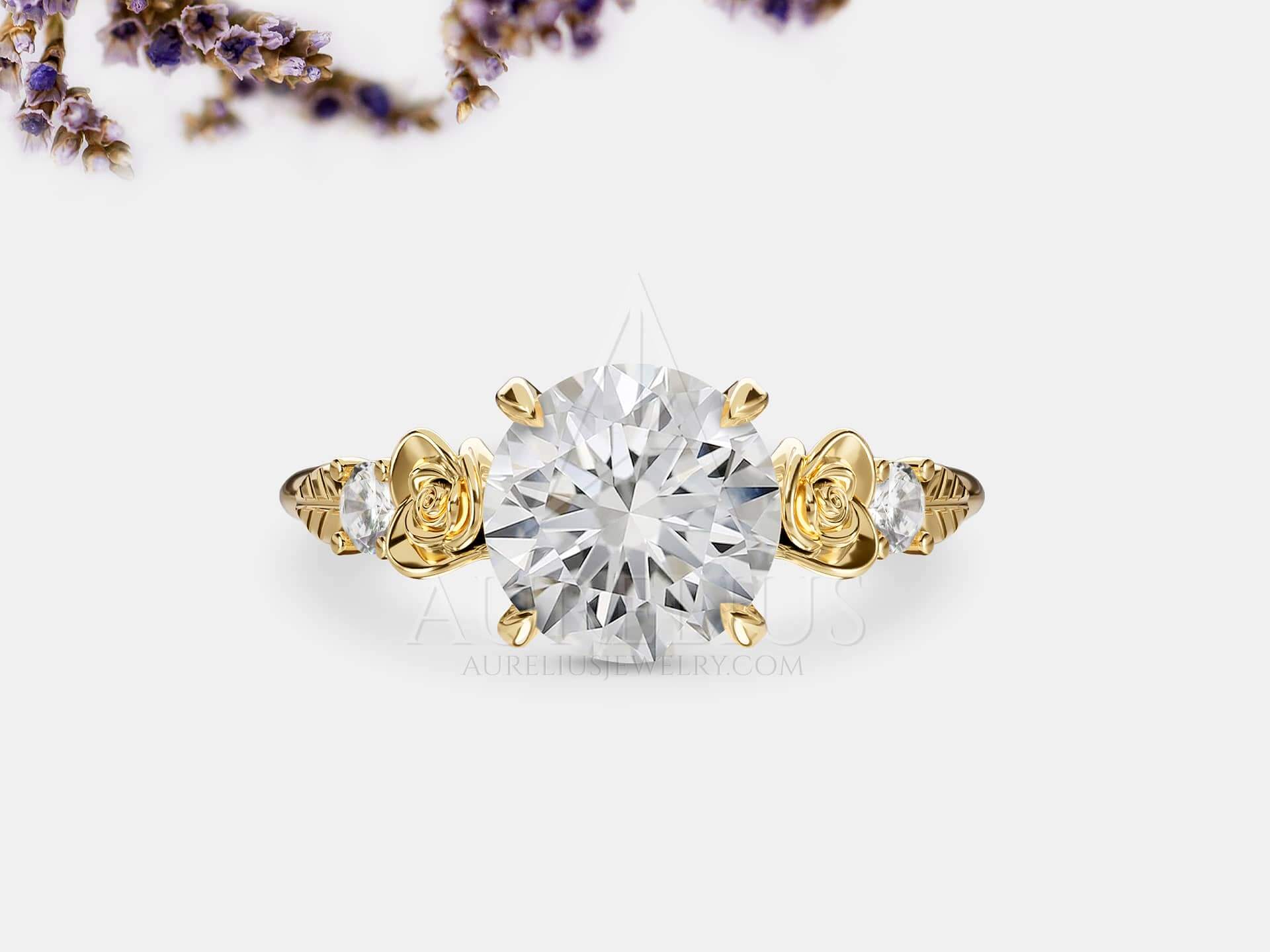 Round Moissanite Engagement Ring with Roses - Ophelia