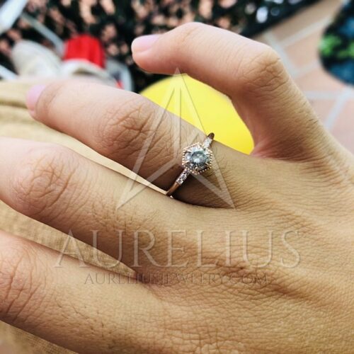 Round Brilliant Cut Salt and Pepper Diamond Engagement Ring in Hexagon Milgrain Setting photo review
