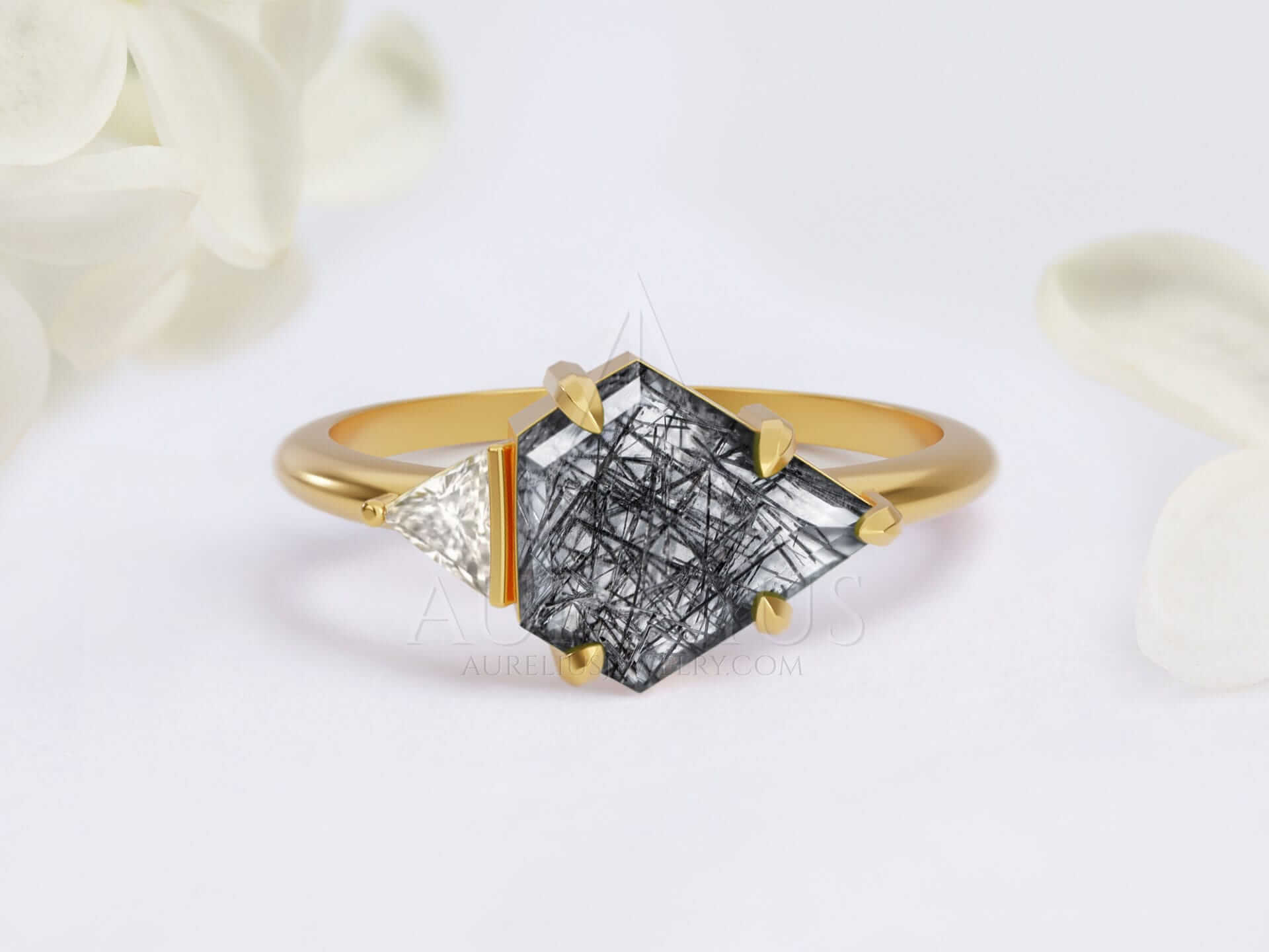 East-West Engagement Ring with Shield Cut Black Rutilated Quartz - Danielle