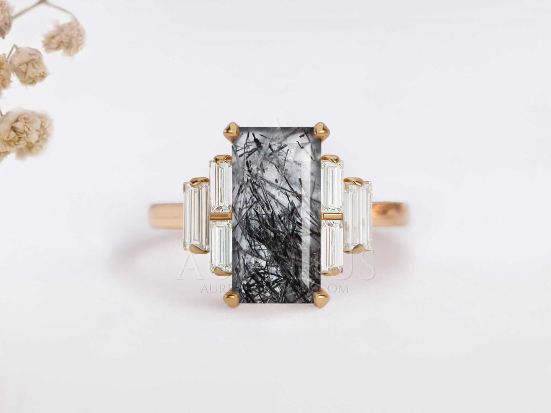 Rutilated Quartz Engagement Ring with Baguette Cut Stones - Eugenia