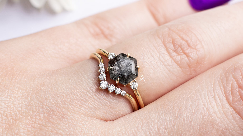 hexagon rutilated quartz ring with a chevron diamond wedding ring set