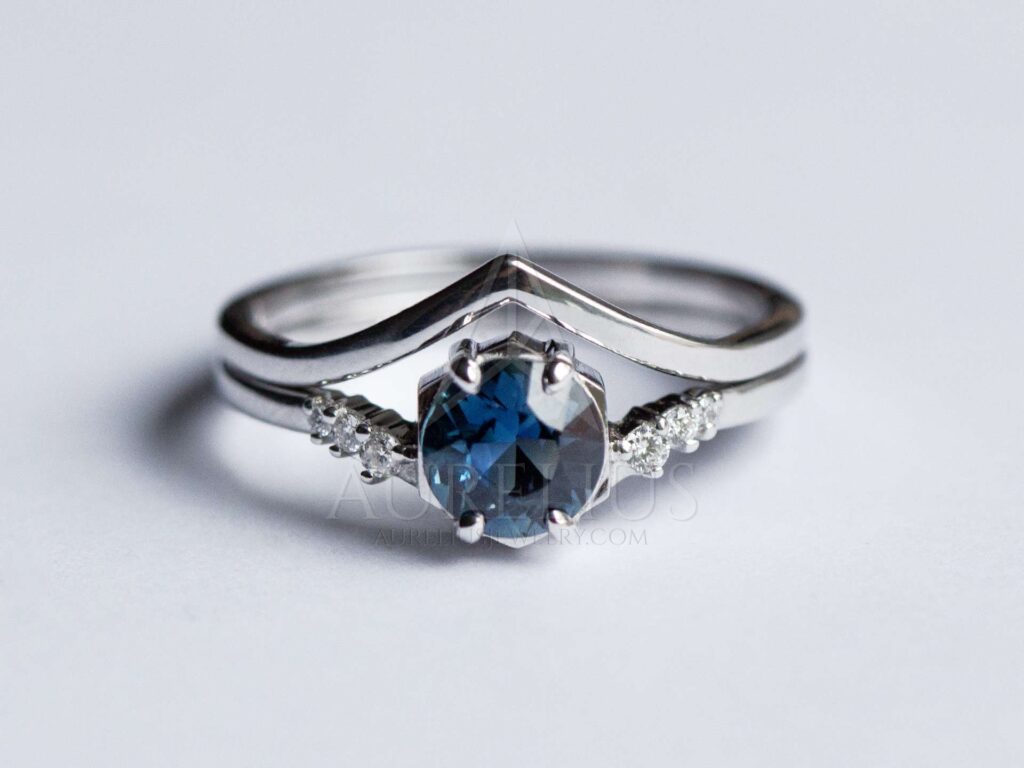 šestiúhelník šedozelená safír svatební prsten sada